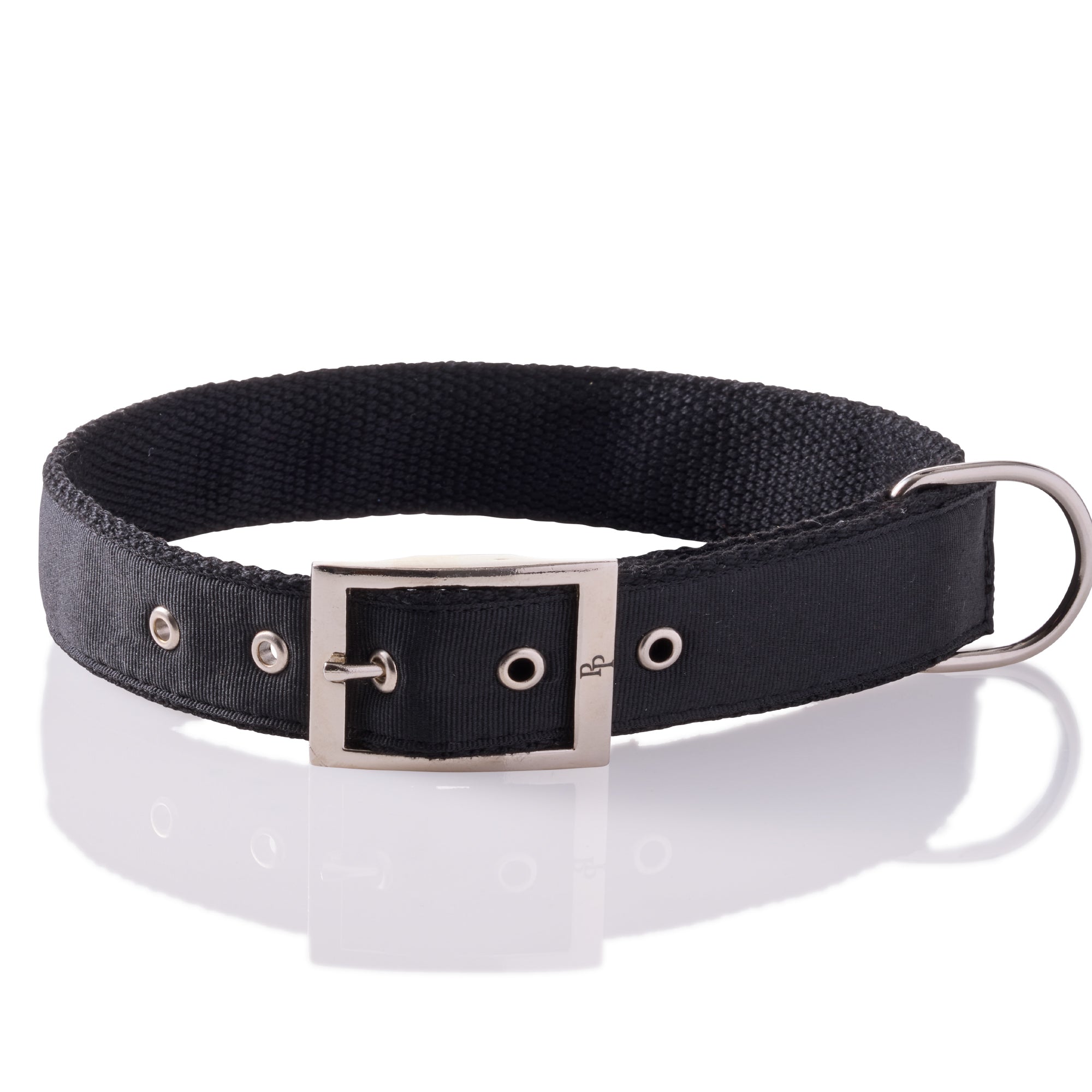 Black REMY II recycled ribbon collar with silver hardware on a white background