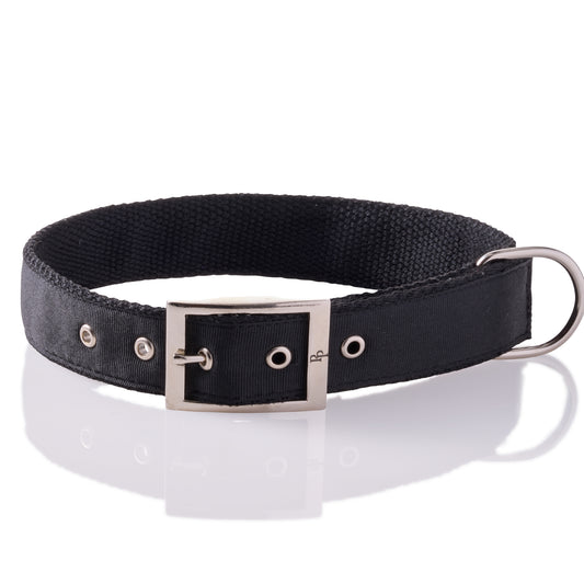 Black REMY II recycled ribbon collar with silver hardware on a white background