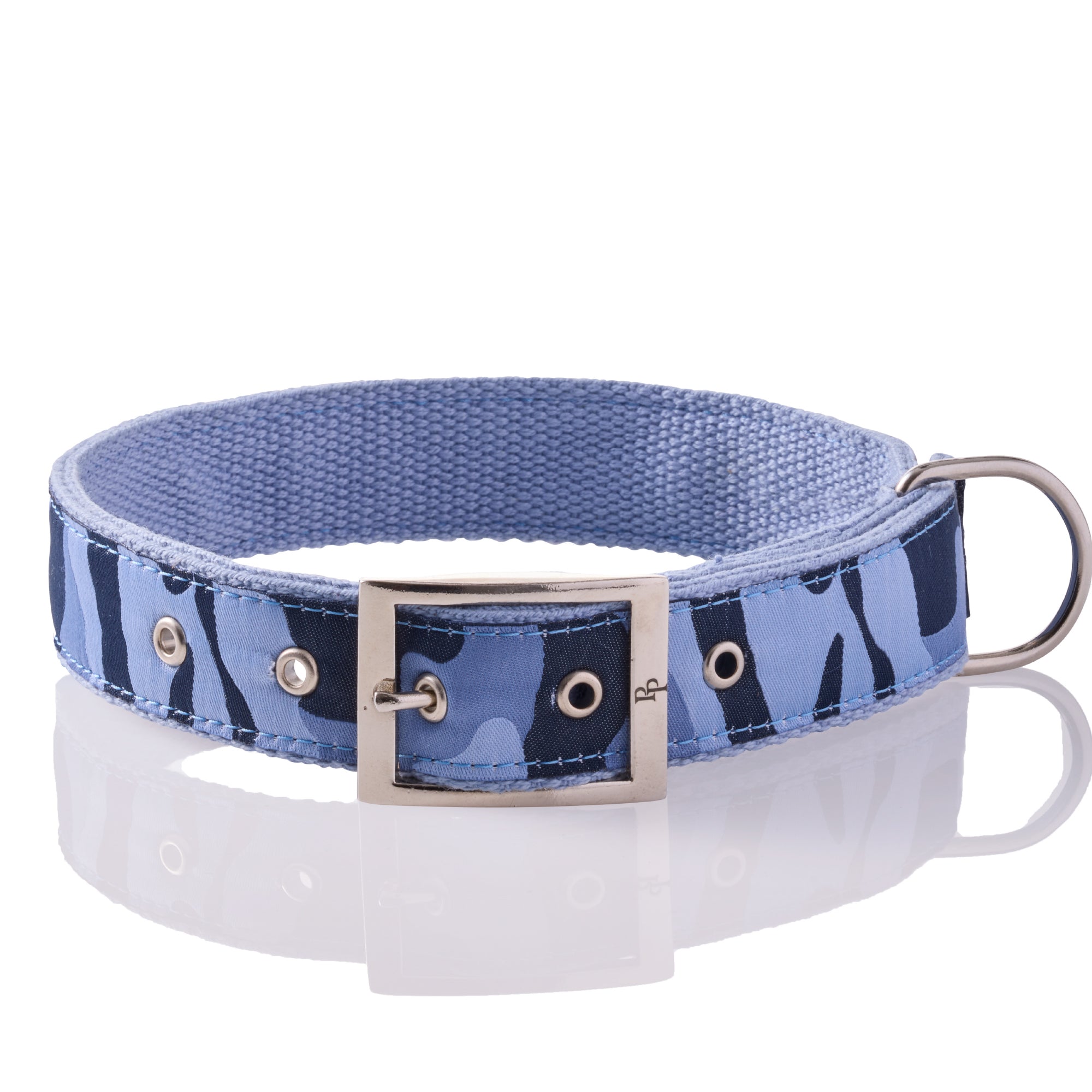 Blue Camo REMY II collar with silver hardware and a white background