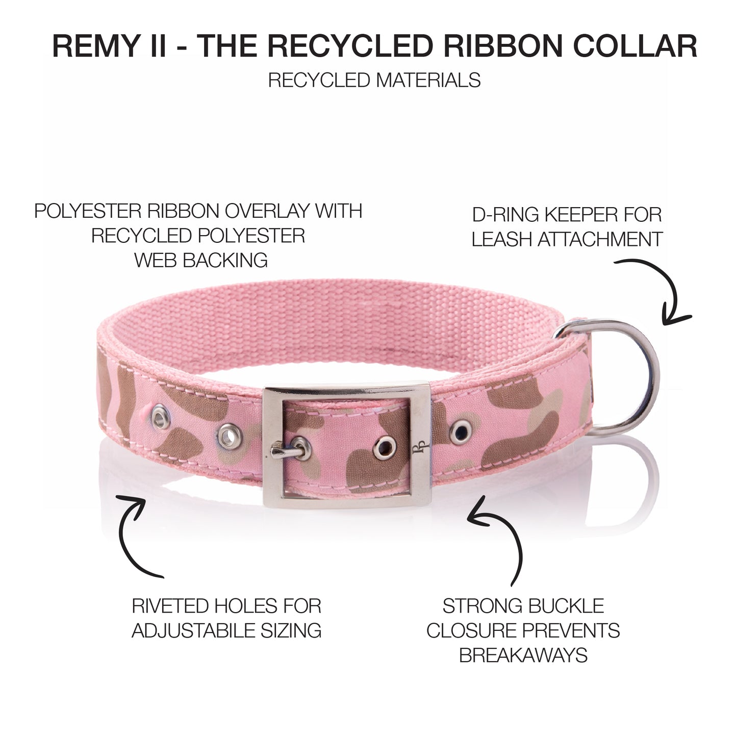 Pet Passion Remy II recycled ribbon dog collar in Pink Camo — eco-friendly woven collar with recycled materials