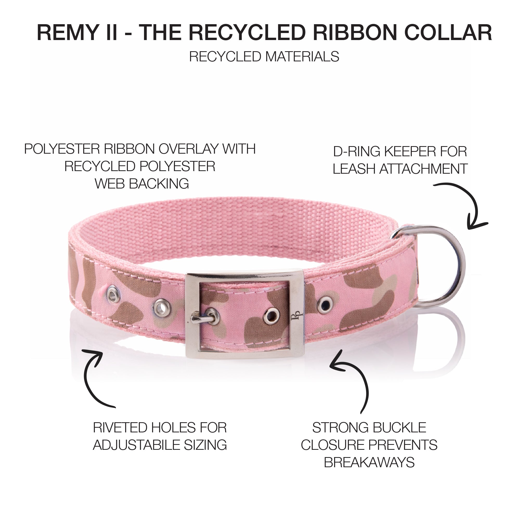 Pet Passion Remy II recycled ribbon dog collar in Pink Camo — eco-friendly woven collar with recycled materials