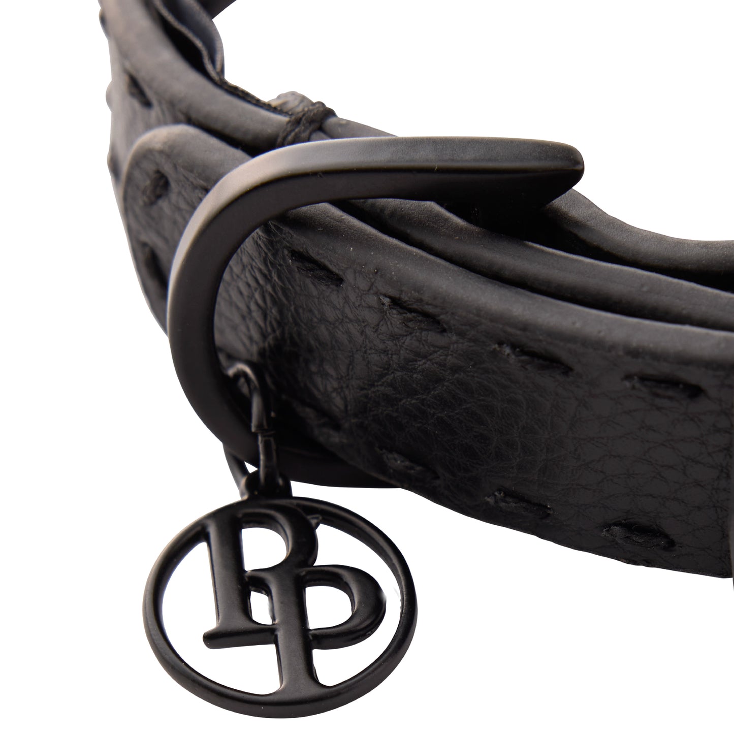 Close up of collar hardware and pet passion key chain on a white background