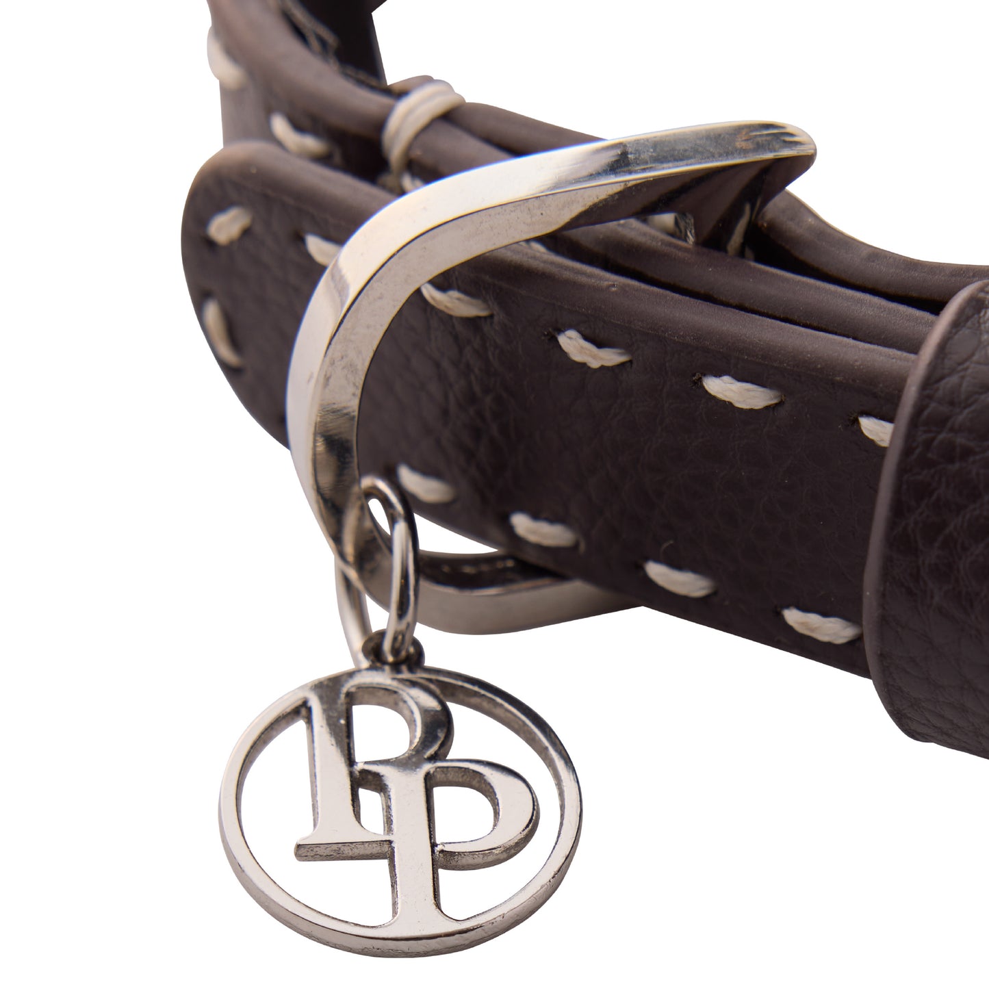 Close up of collar hardware and pet passion key chain on a white background