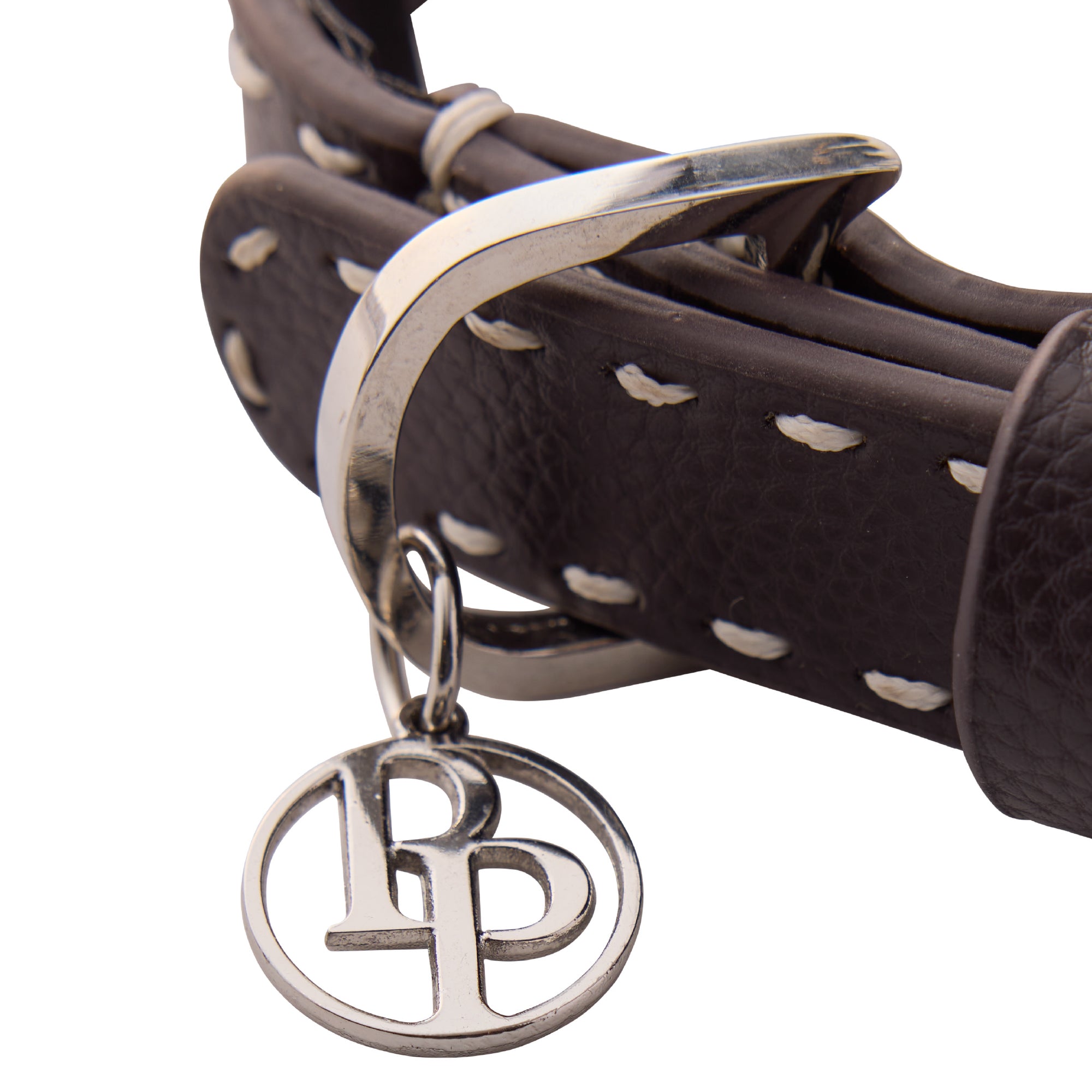 Close up of collar hardware and pet passion key chain on a white background