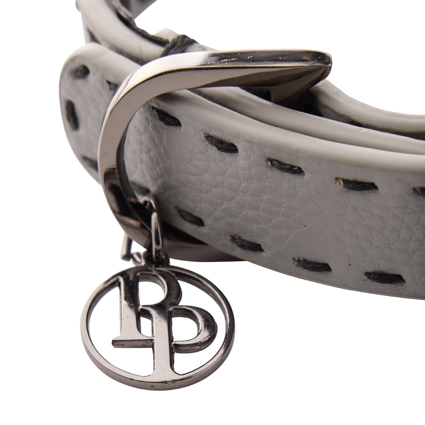 Close up of collar hardware and pet passion key chain on a white background