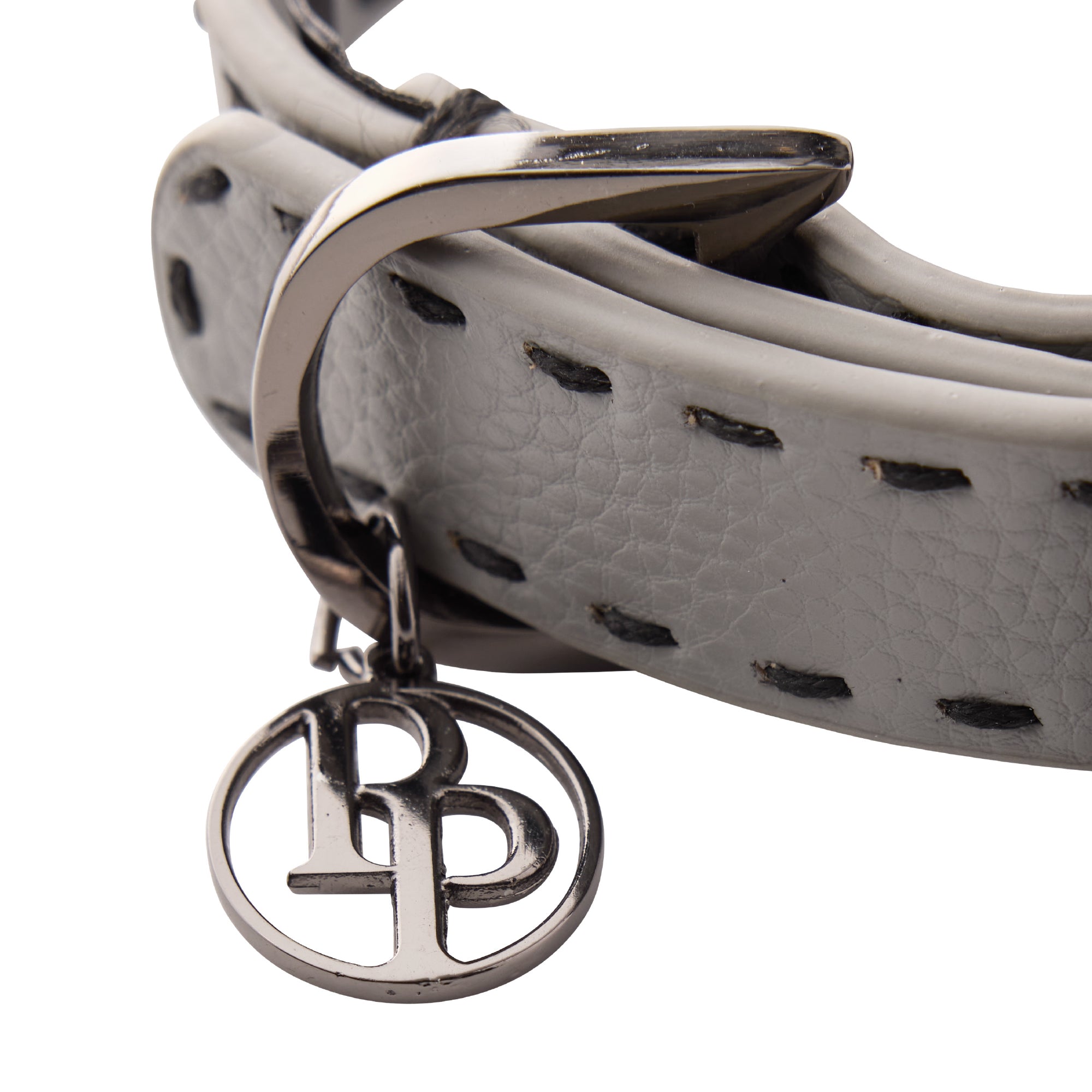 Close up of collar hardware and pet passion key chain on a white background