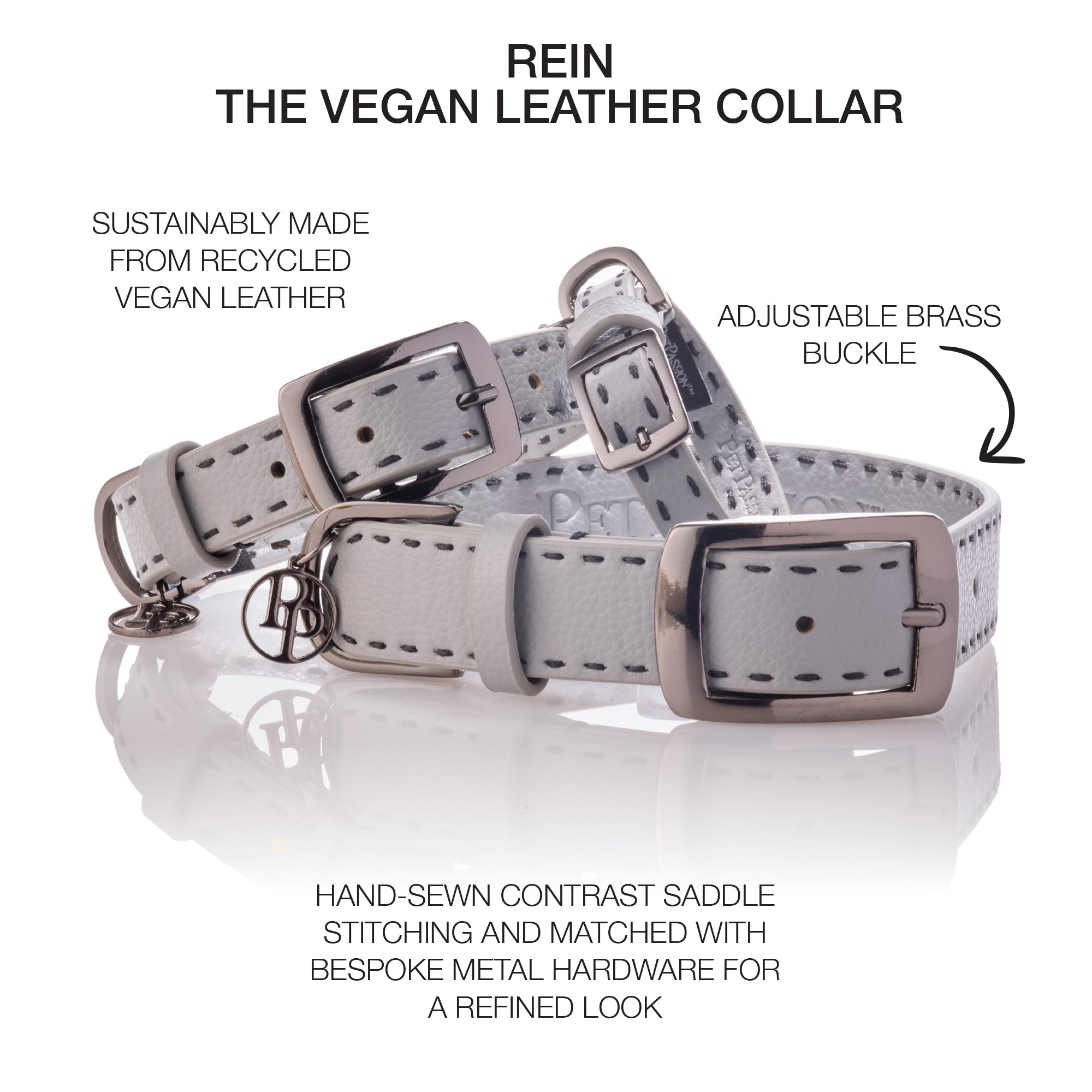 Rein collar layout in every size in Gray surrounded by product descriptions