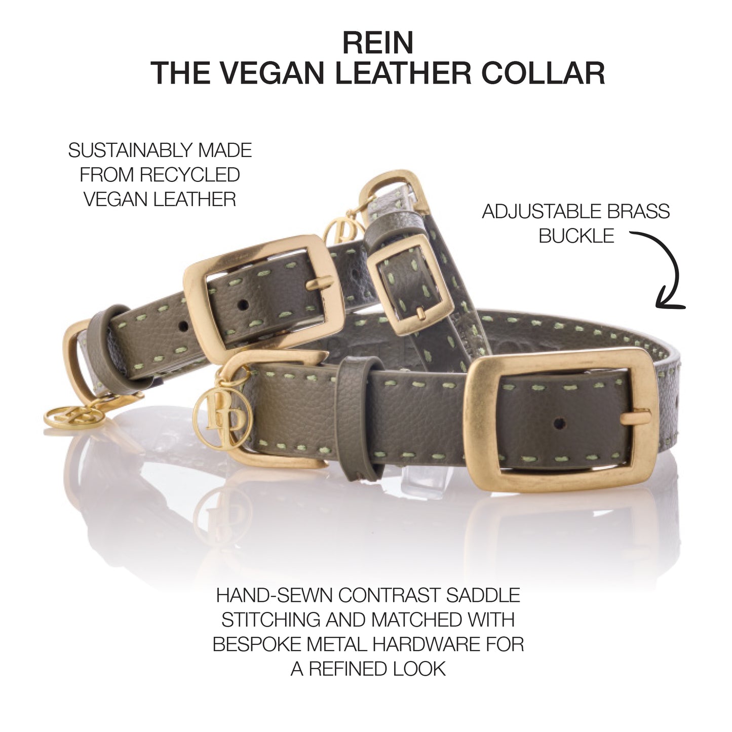 Rein collar layout in every size in Scottish Olive surrounded by product descriptions
