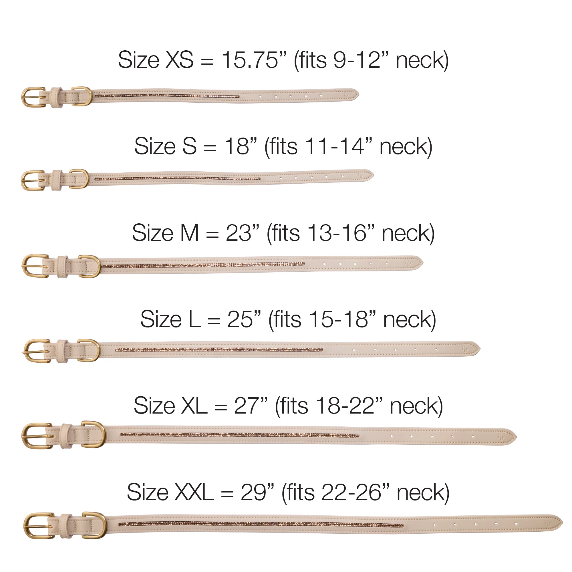 Measurement chart for dog collars with size labels and corresponding neck dimensions.