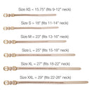 Measurement chart for dog collars with size labels and corresponding neck dimensions.