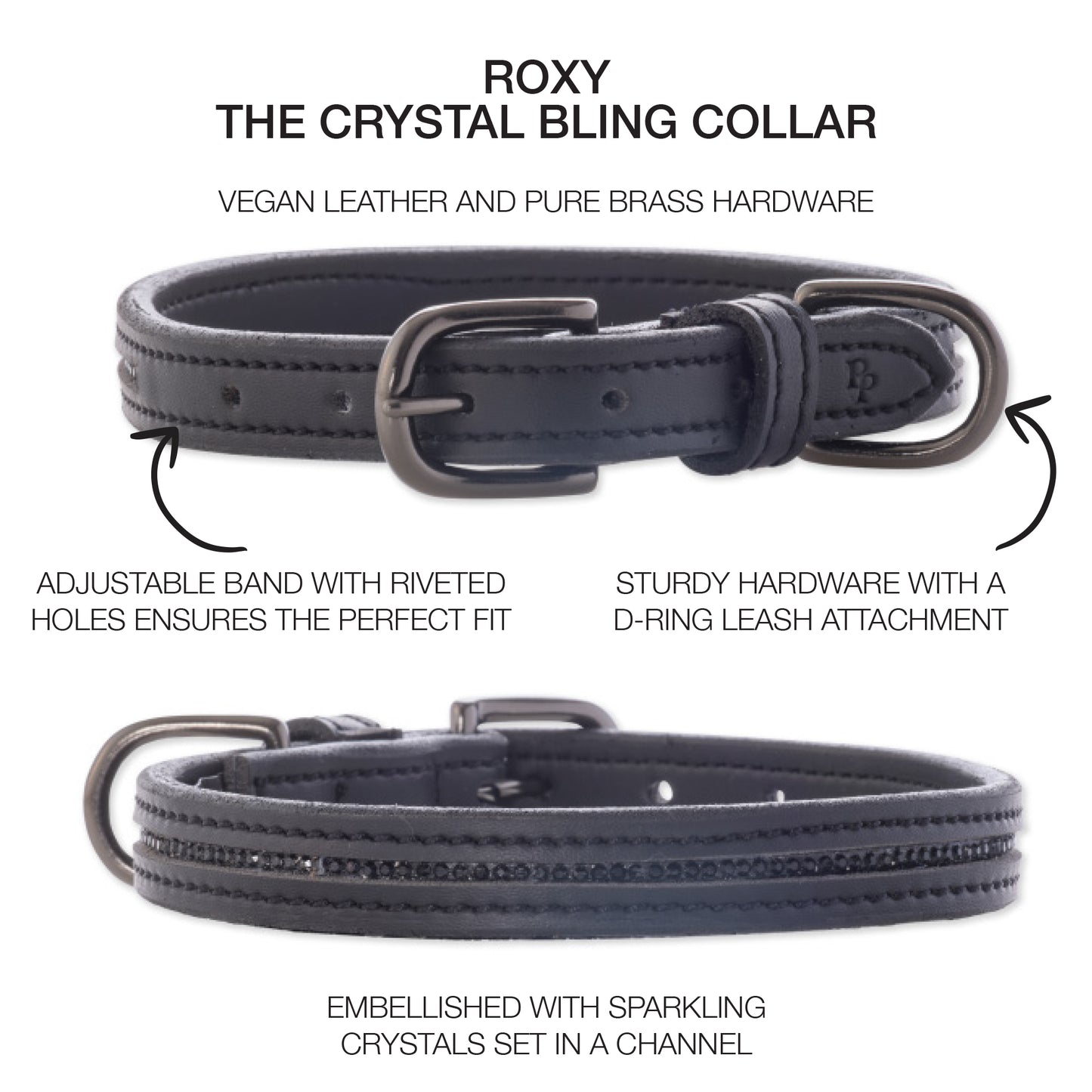 Pet Passion Roxy crystal bling dog collar in Black Bling — sparkly rhinestone-embellished collar for small dogs and special occasions