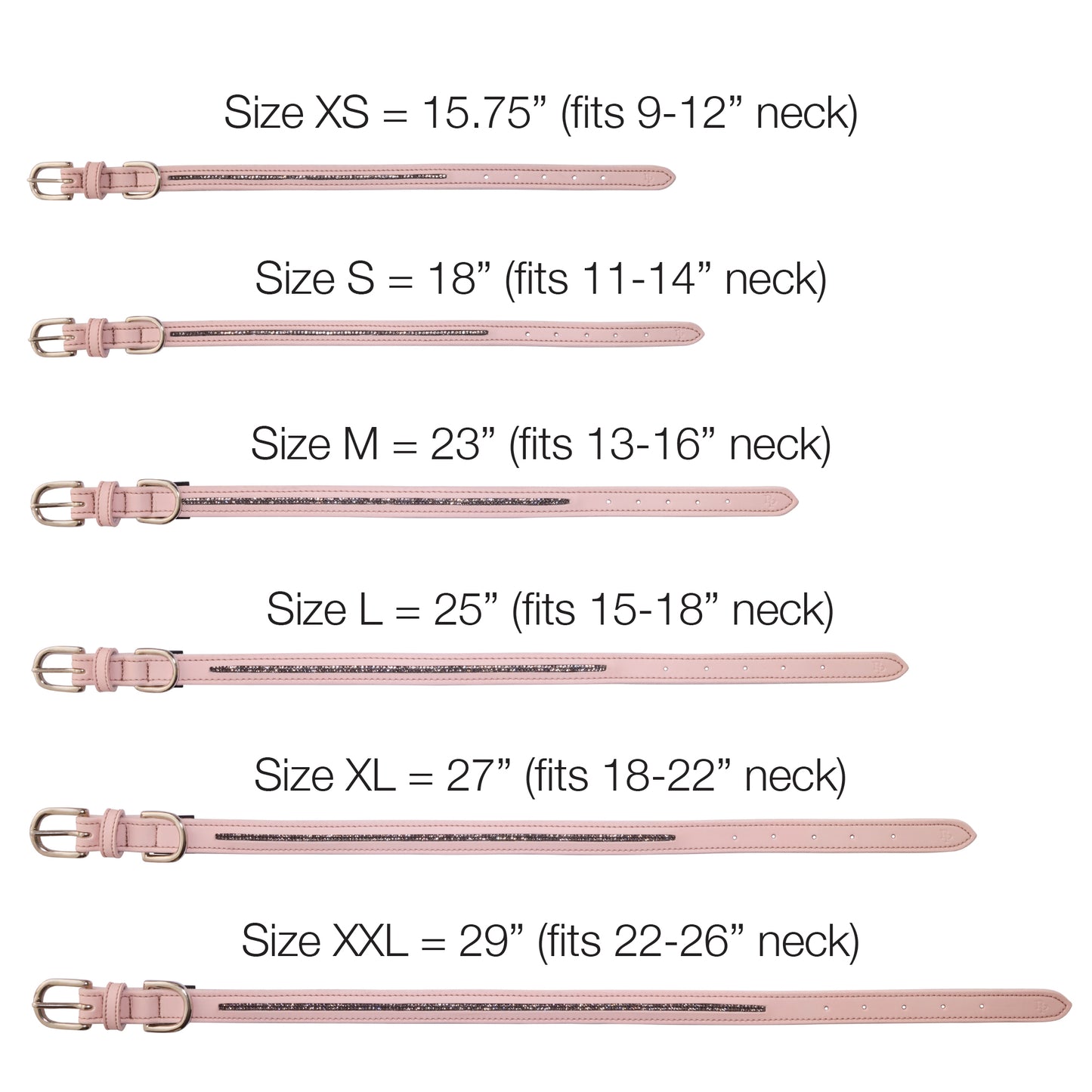 Measurement chart for pink belts with size labels and neck measurements.