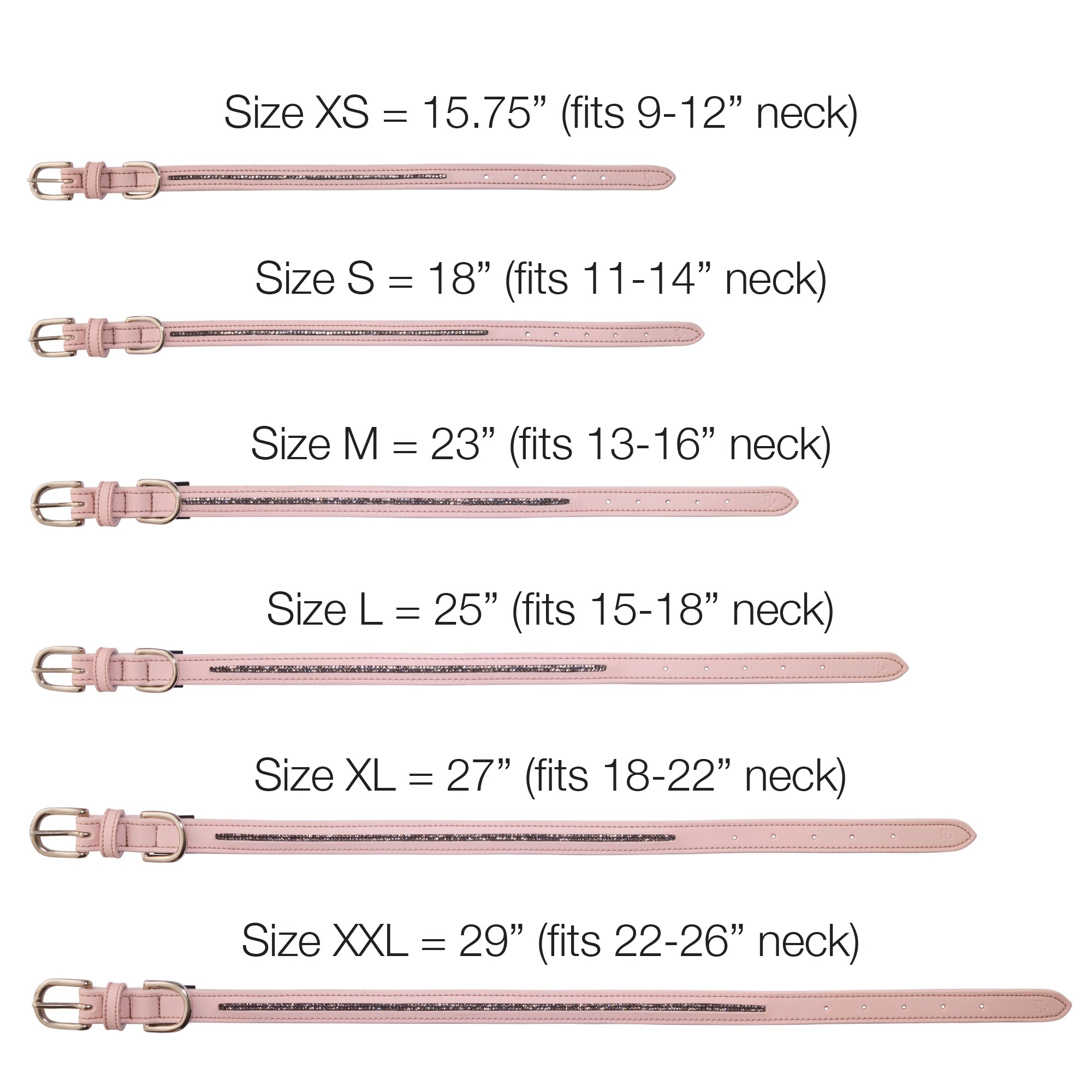 Measurement chart for pink belts with size labels and neck measurements.