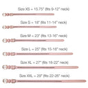 Measurement chart for pink belts with size labels and neck measurements.