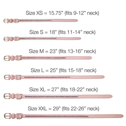 Measurement chart for pink belts with size labels and neck measurements.
