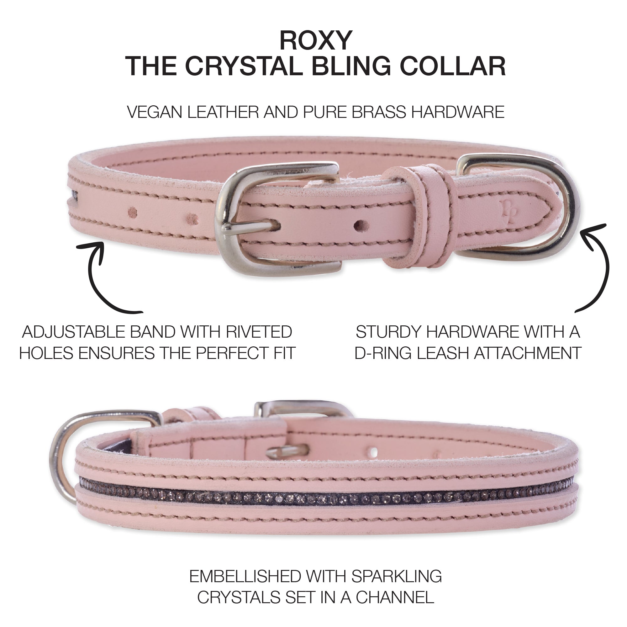 Pink dog collar with crystal embellishments on a white background