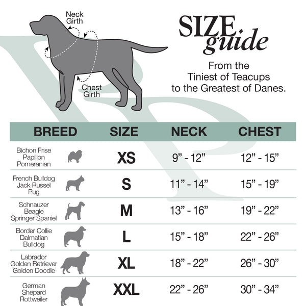 Dog size guide with breeds, neck, and chest measurements.