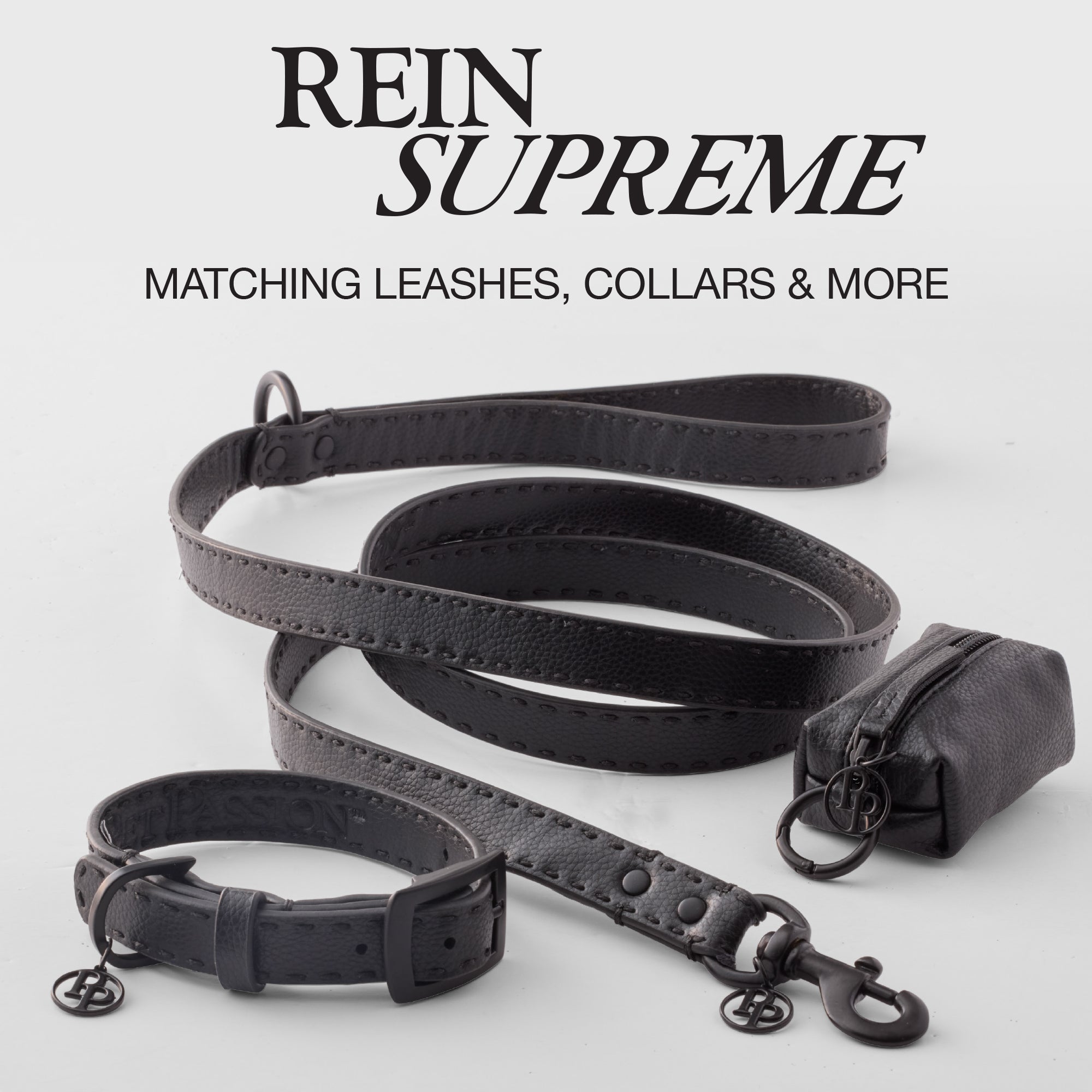 Rein Supreme Graphic, Display of matching Leash, Collar, and Caddy bag on in Black Beauty on a white  background 