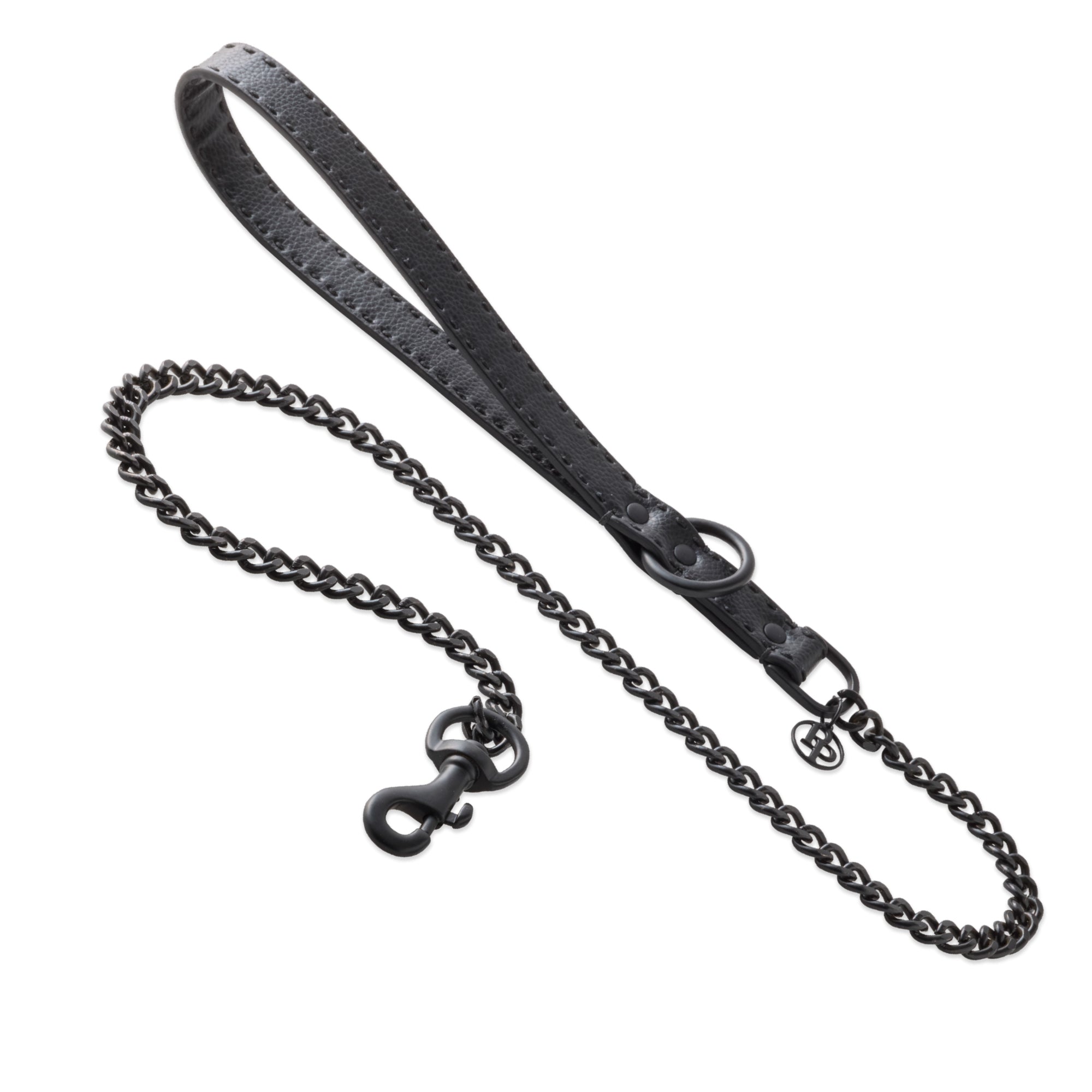 Layout of Rein Link Leash in Black Beauty with leather handle and black link chain on a white background.