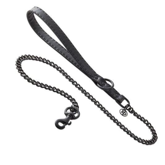 Layout of Rein Link Leash in Black Beauty with leather handle and black link chain on a white background.