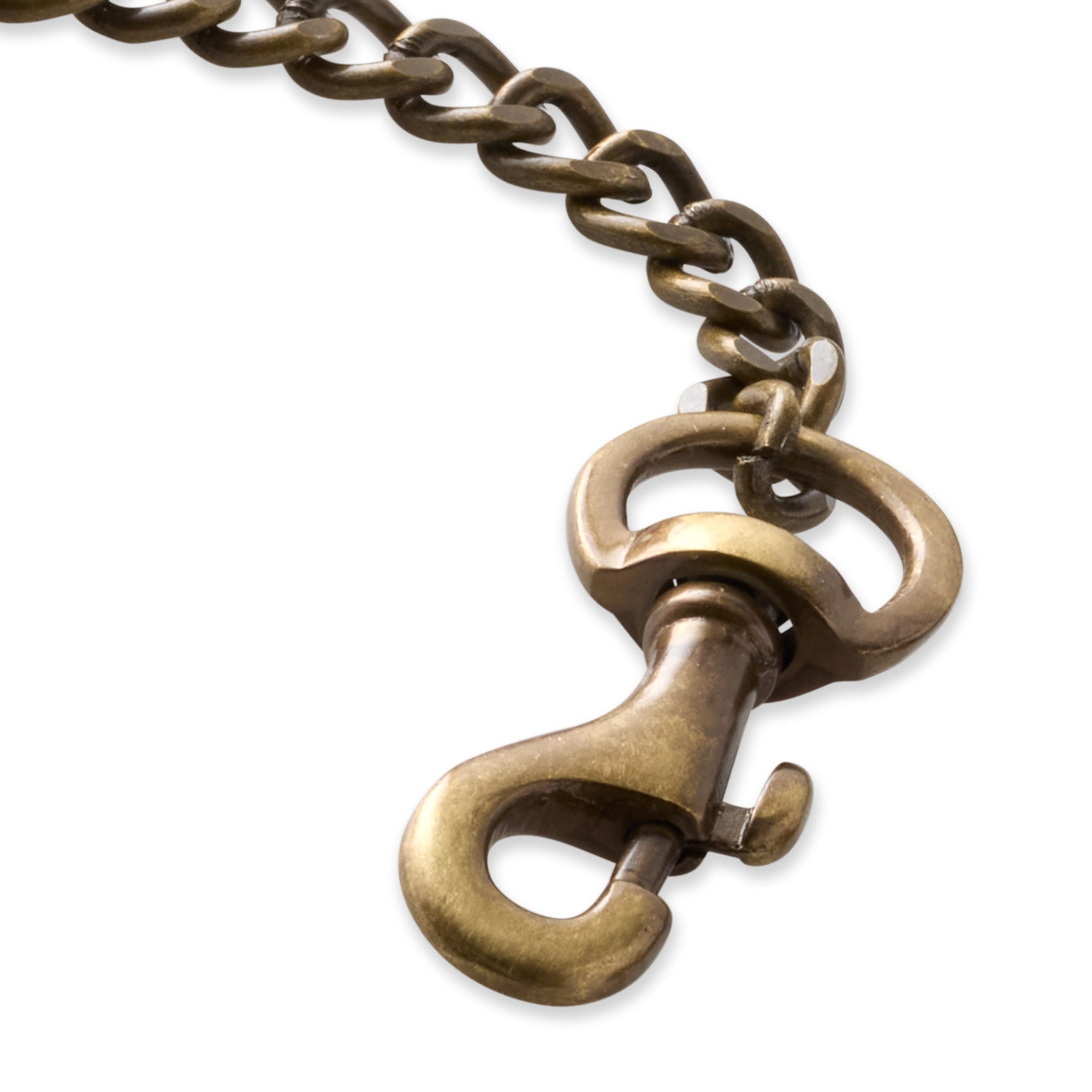 Close up of bronze Leash clip hardware and links on a white background