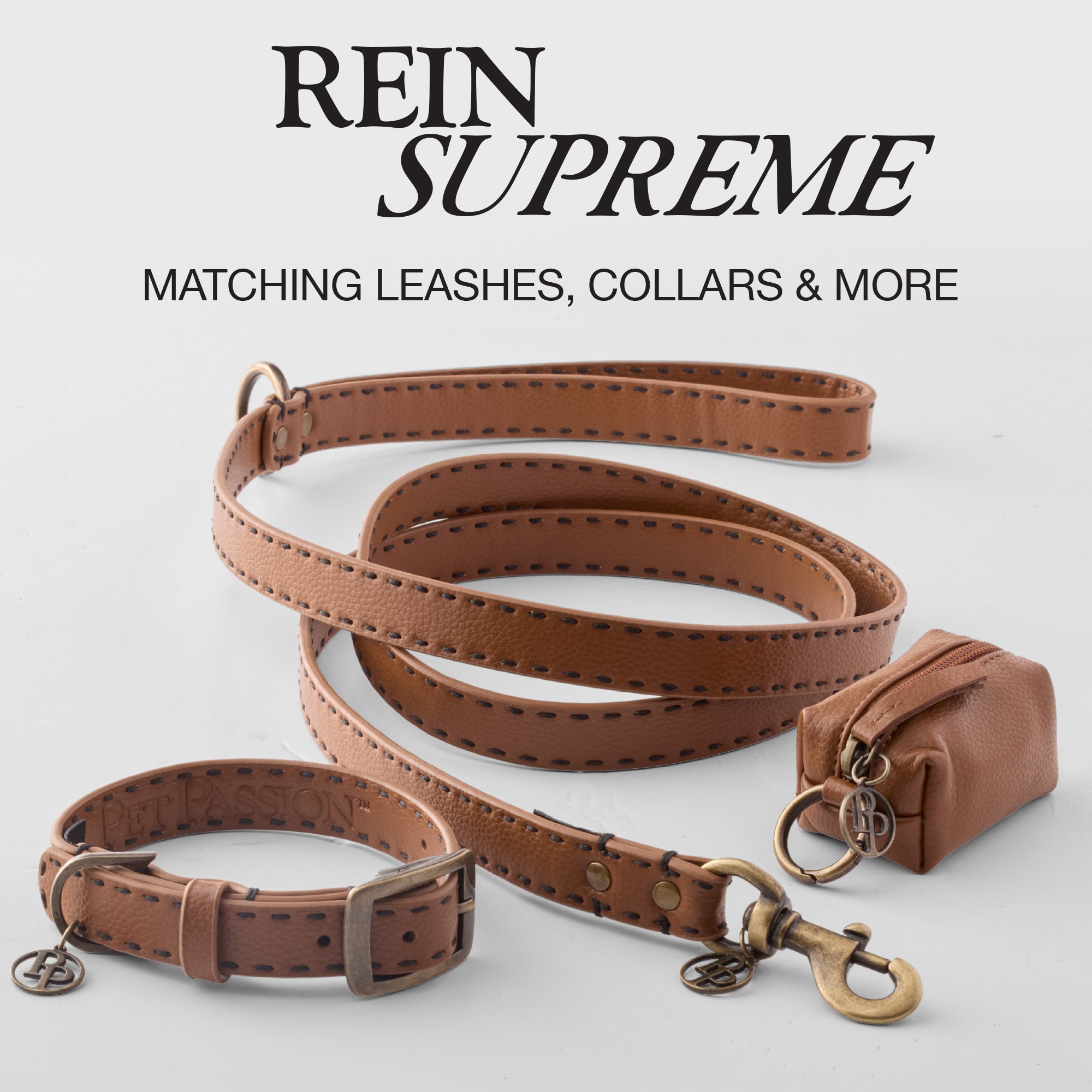 Rein Supreme Graphic, Display of matching Leash, Collar, and Caddy bag on a white background