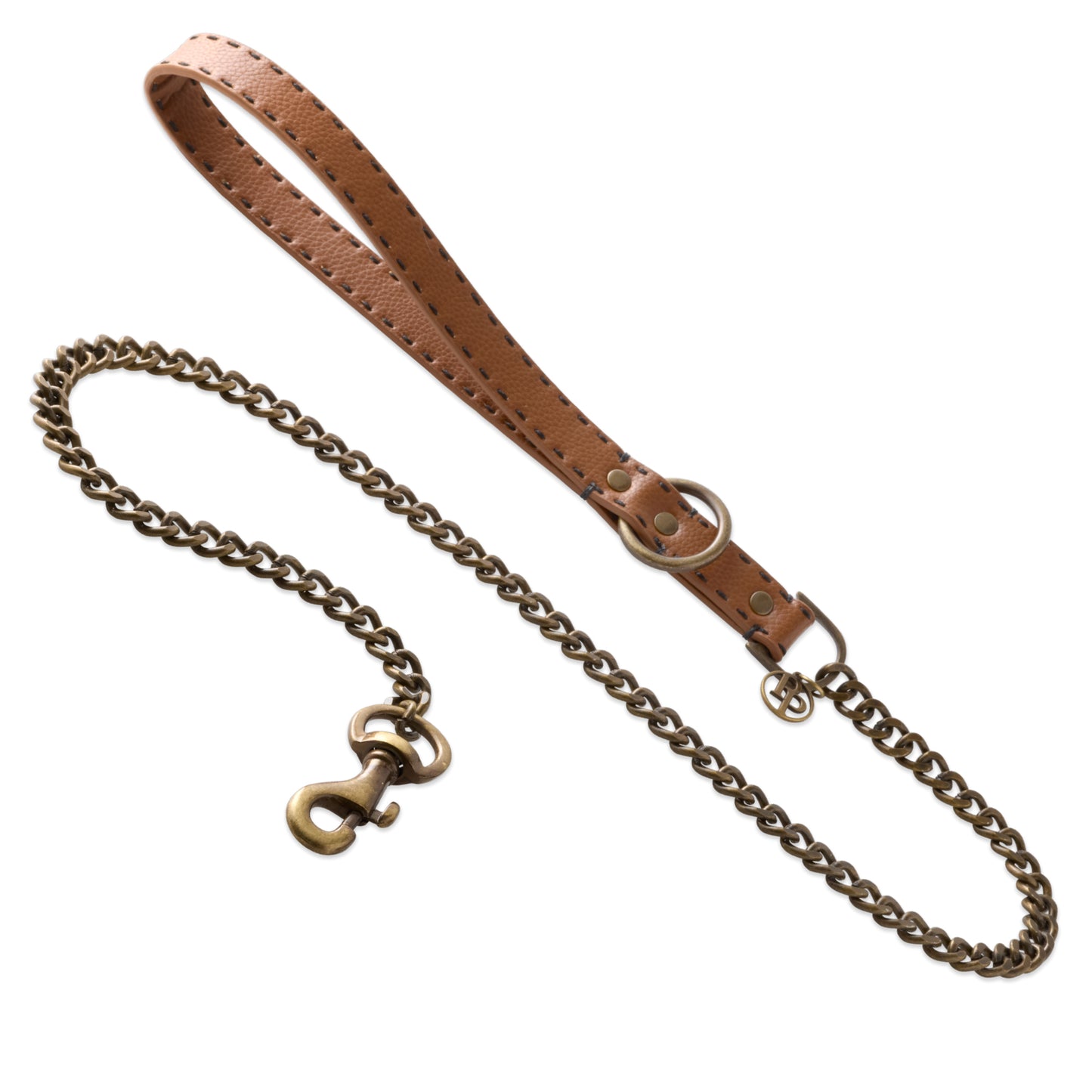 Layout of Rein Link Leash in Chestnut Hunter with leather handle and bronze link chain on a white background.