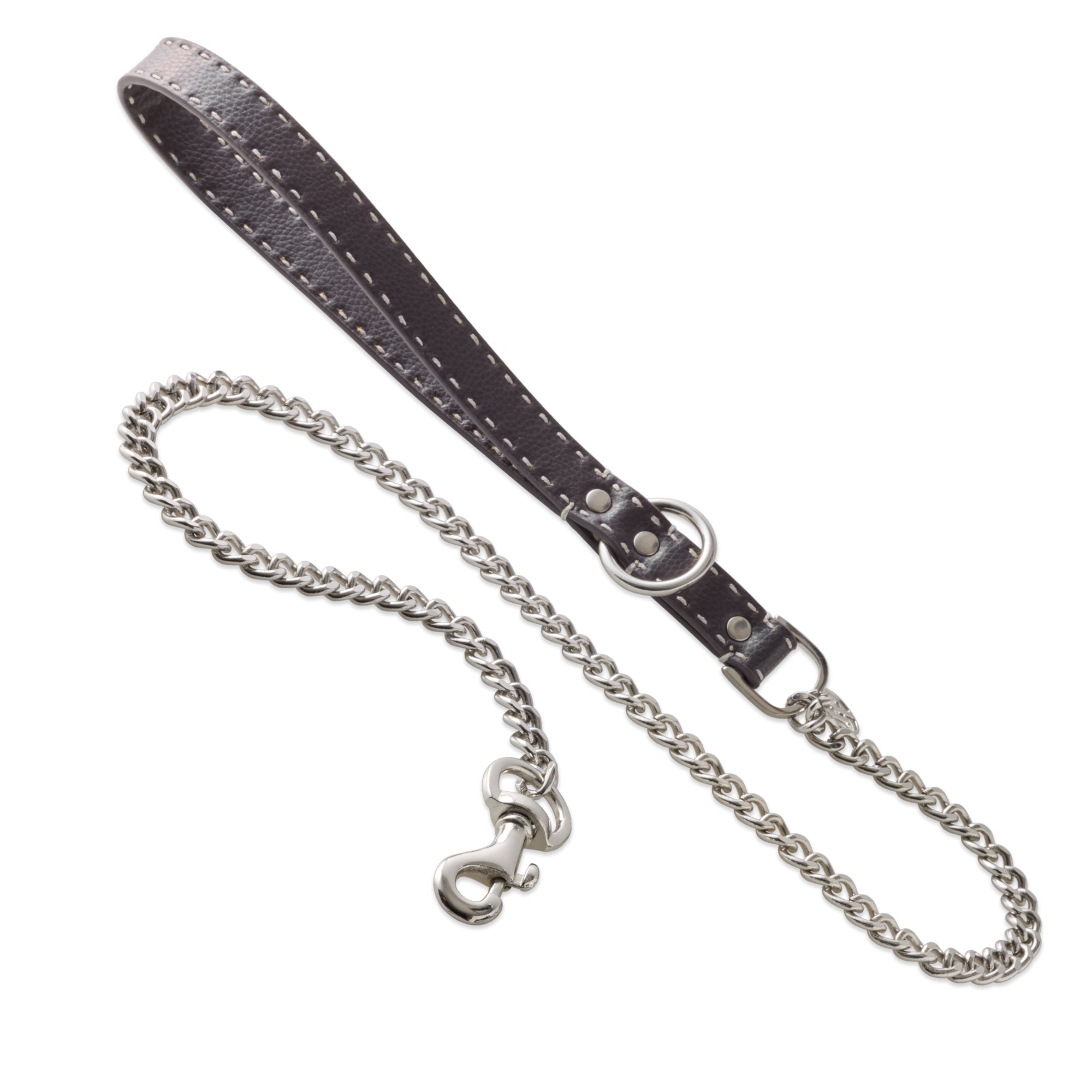 Layout of Rein Link Leash in Chocolate Espresso with leather handle and silver link chain on a white background.
