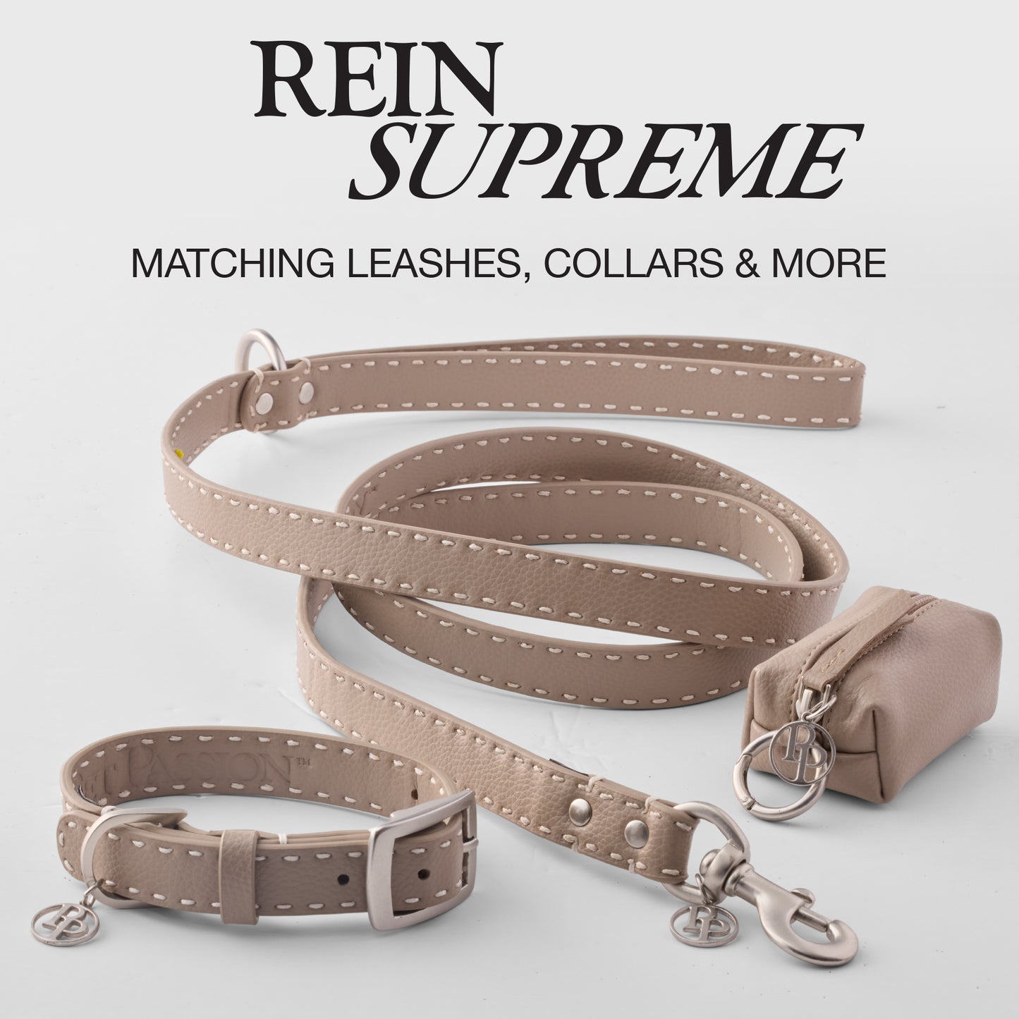Rein Supreme Graphic, Display of matching Leash, Collar, and Caddy bag on in Dappled Cashmere on a white background