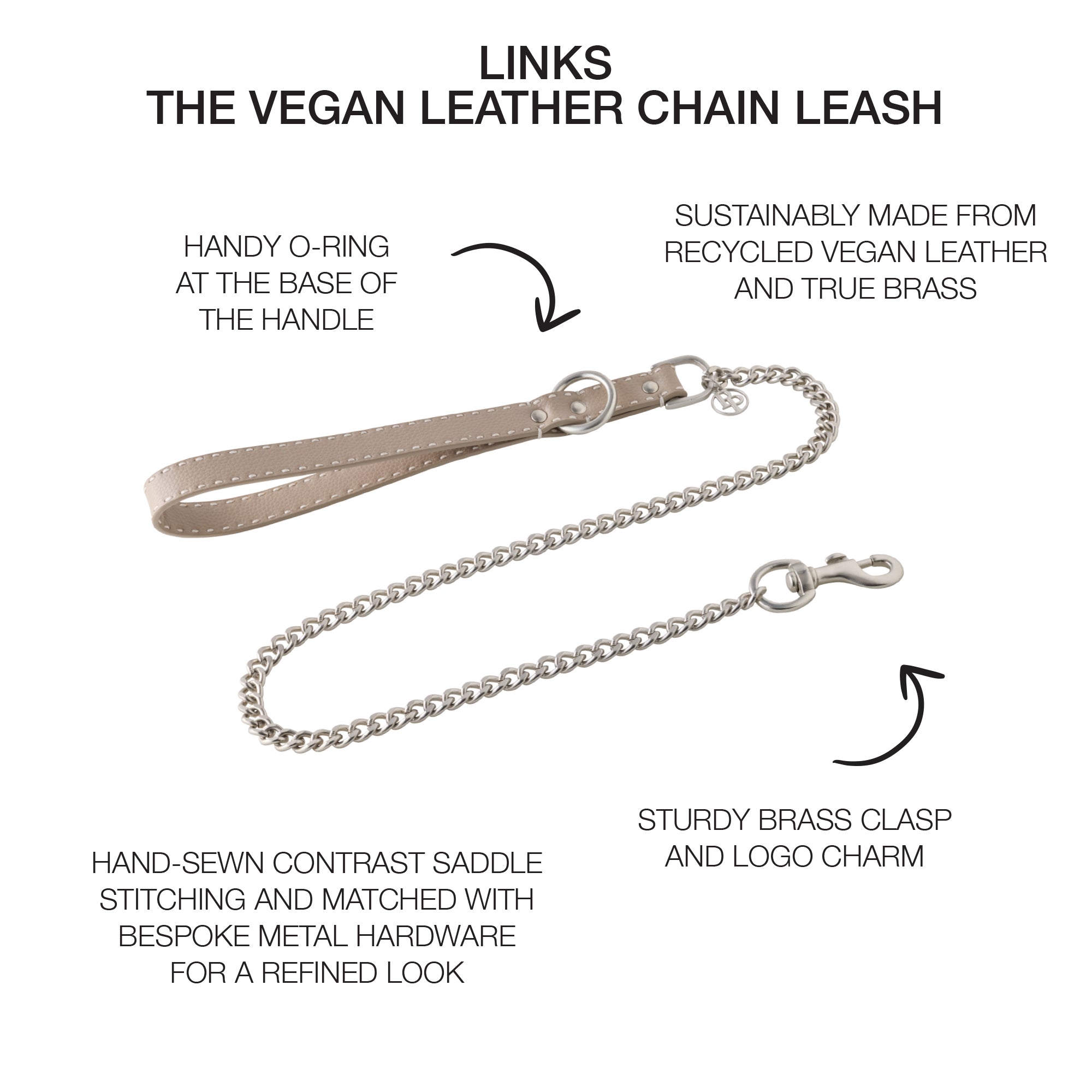 Link Chain Leash surrounded by product descriptions