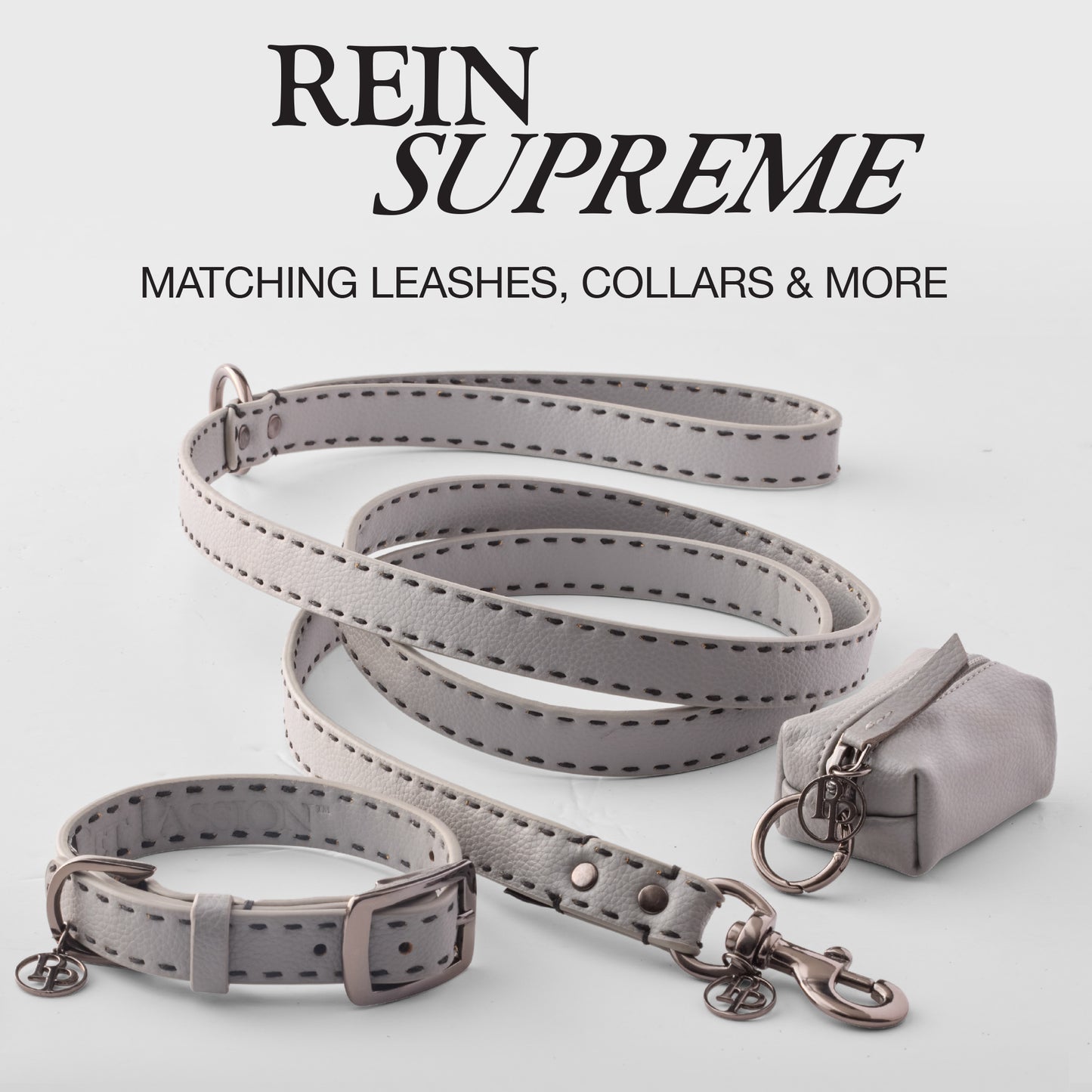 Rein Supreme Graphic, Display of matching Leash, Collar, and Caddy bag in Gray on a white background
