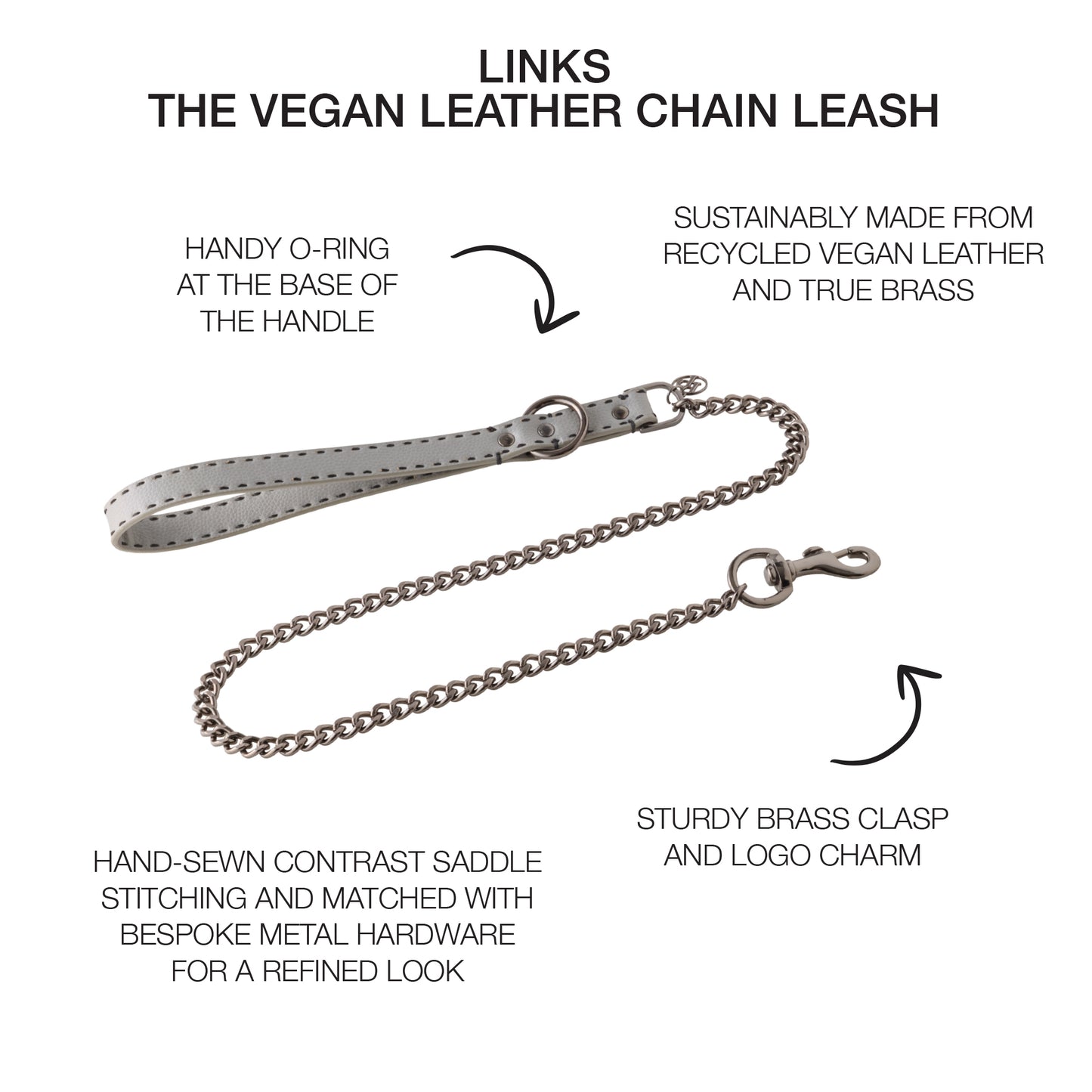 Link Chain Leash surrounded by product descriptions