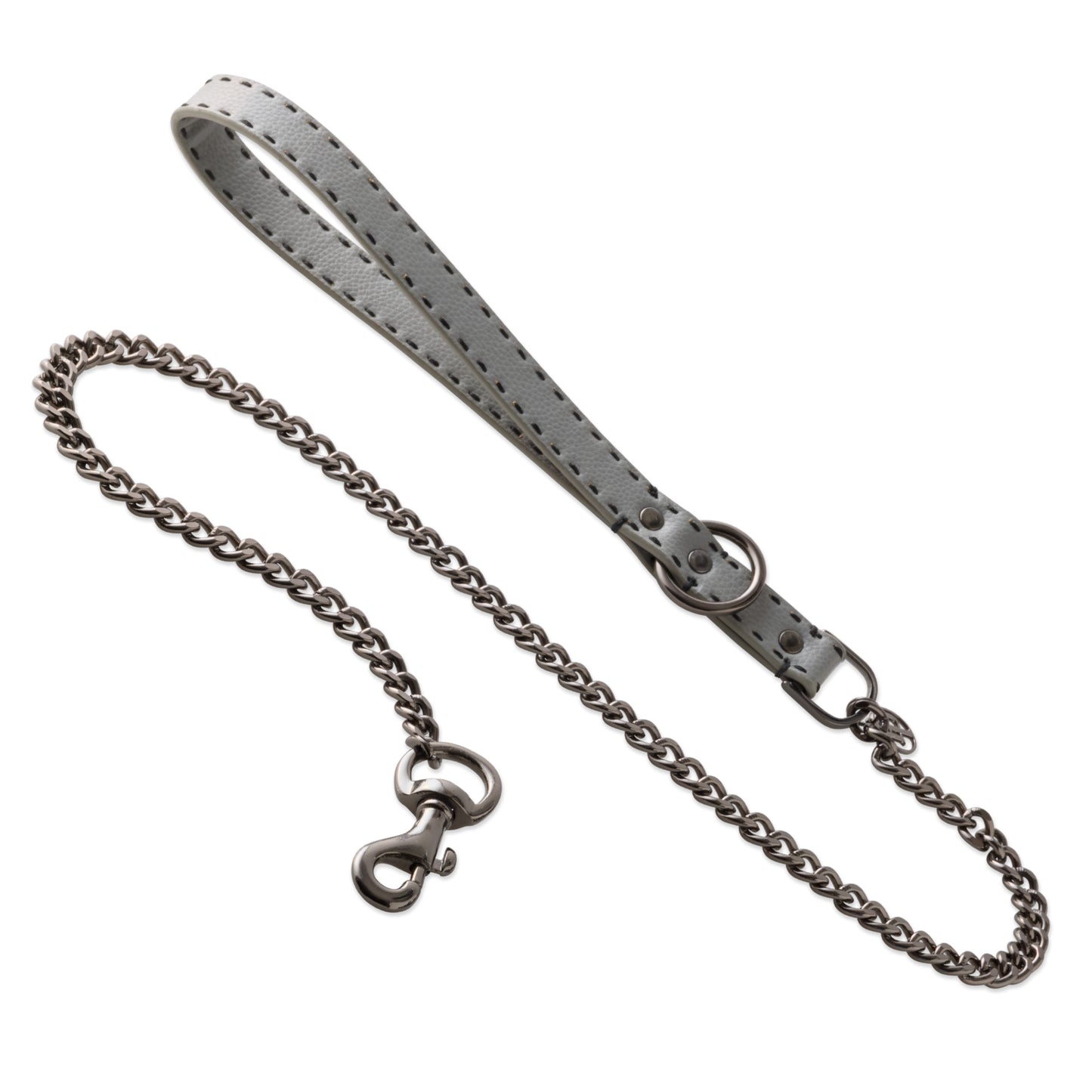 Layout of Rein Link Leash in Scottish Olive with leather handle and a metal link chain on a white background.