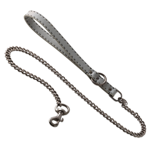 Layout of Rein Link Leash in Scottish Olive with leather handle and a metal link chain on a white background.