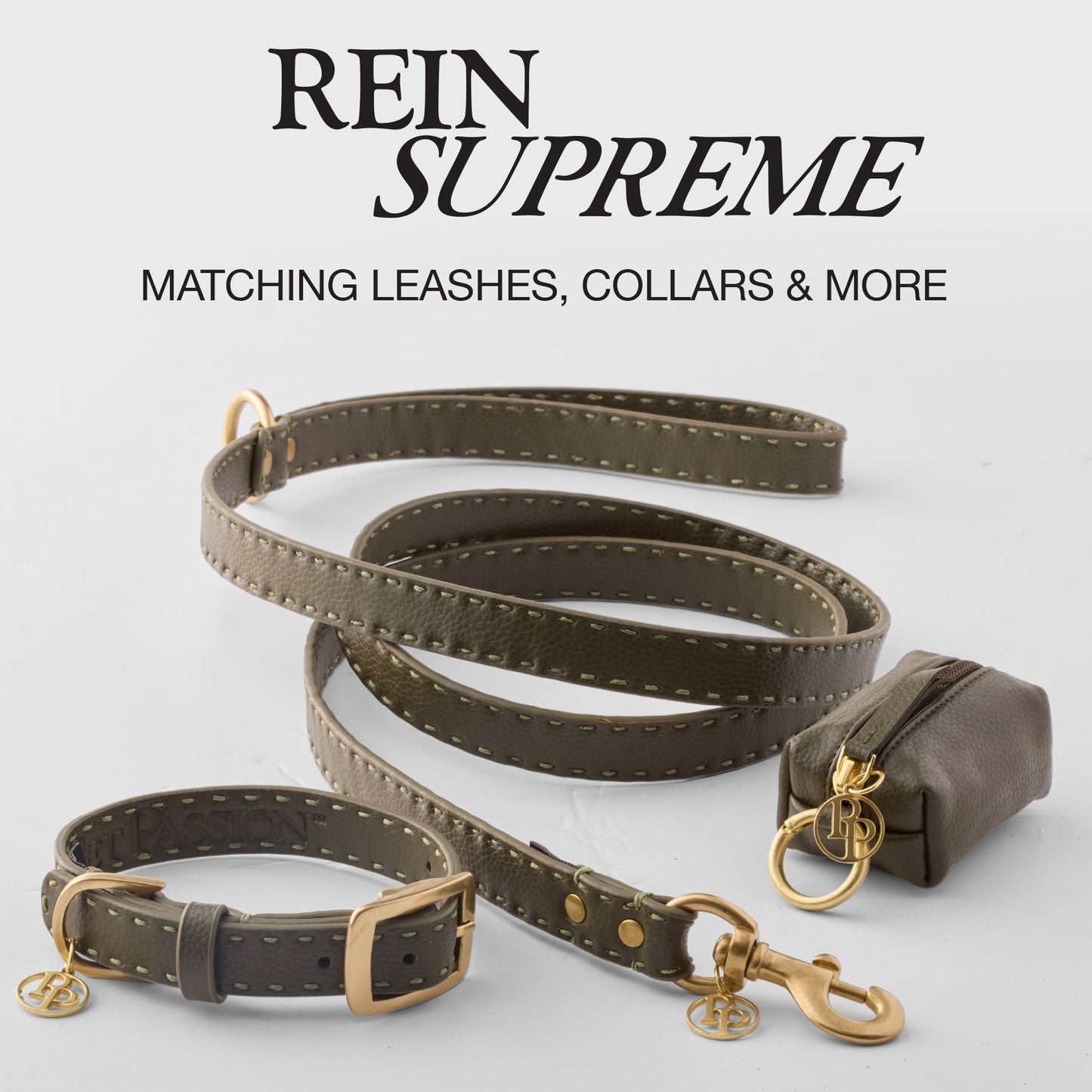 Rein Supreme Graphic, Display of matching Leash, Collar, and Caddy bag on a white background