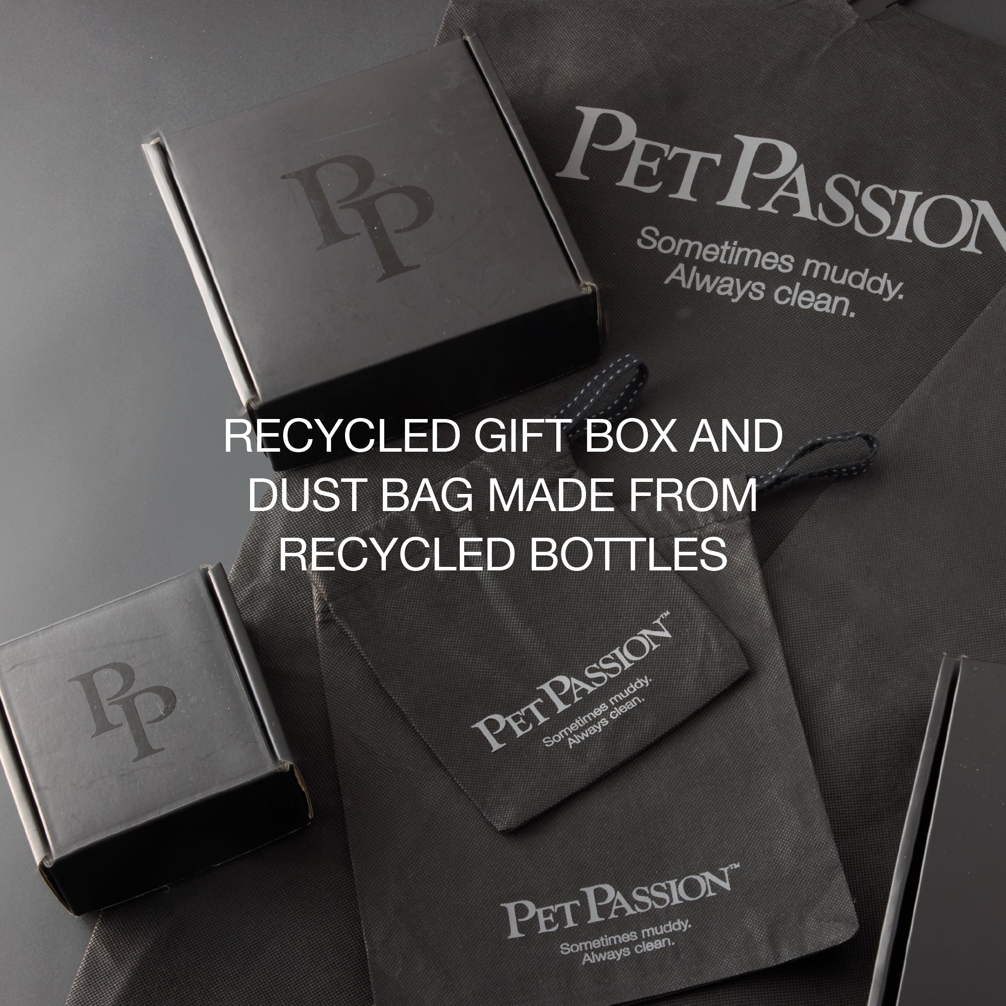 Recycled Gift Box and Dust Bag Made From Recycled Bottles, all black, with Pet Passion Logo