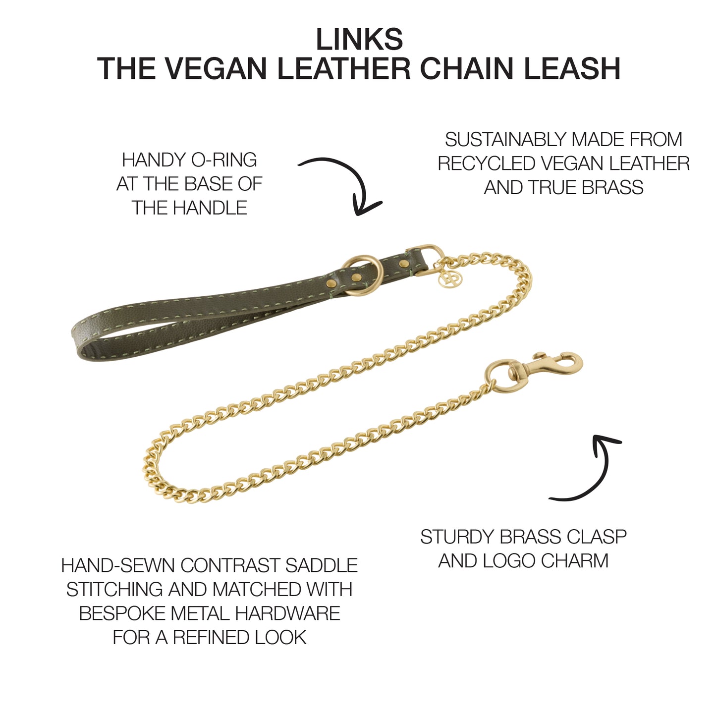 Link Chain Leash surrounded by product descriptions