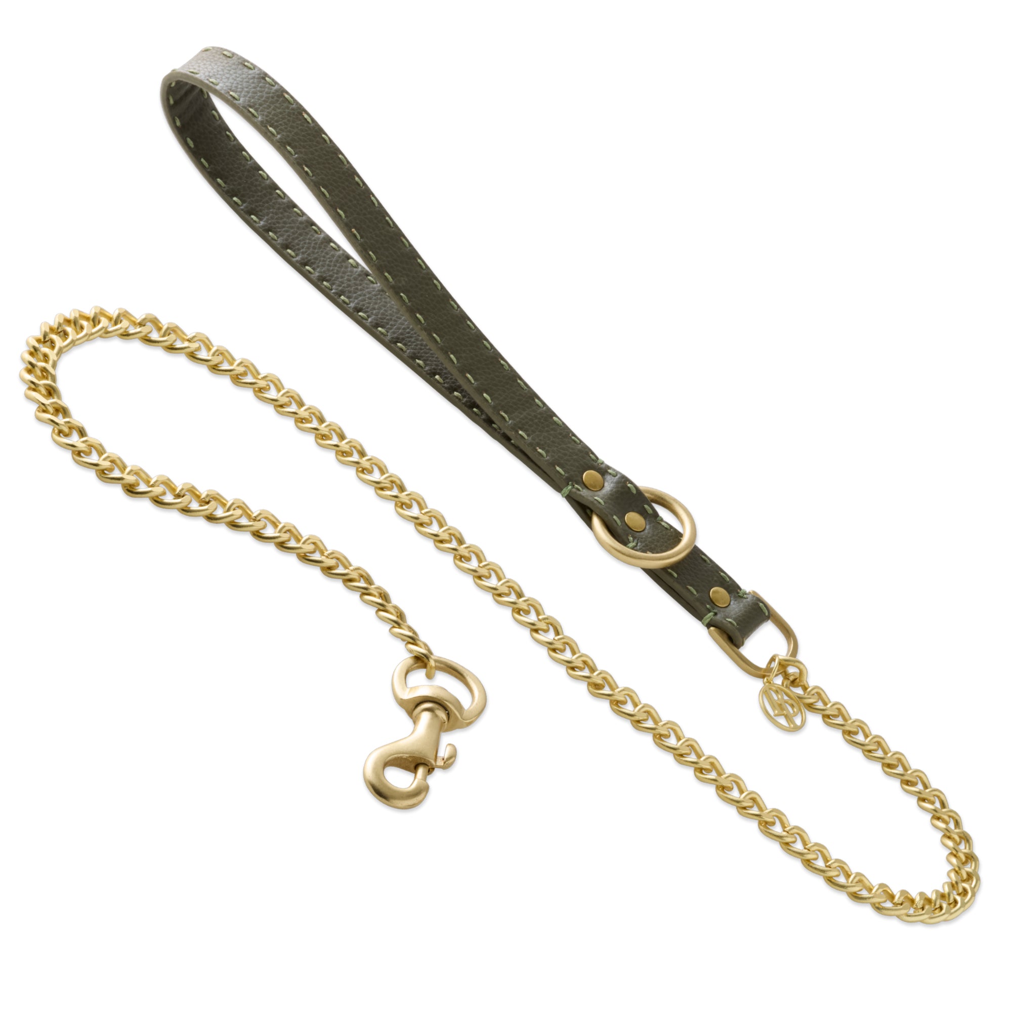 Layout of Rein Link Leash in Scottish Olive with leather handle and gold link chain on a white background.