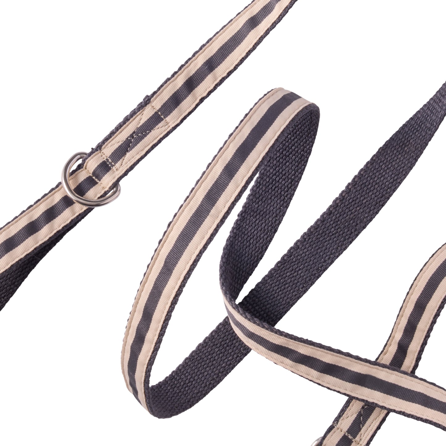 Navy and beige striped dog leash on a white background