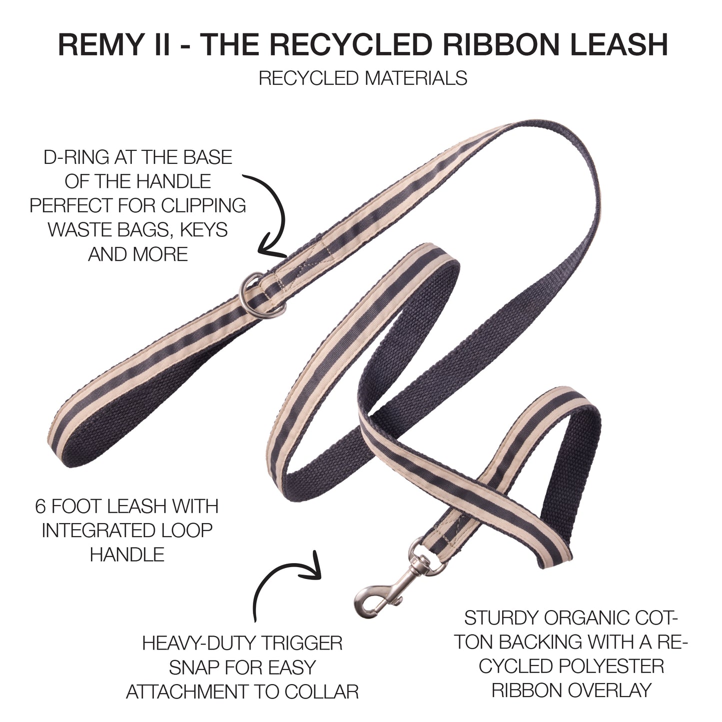 Recycled ribbon leash with features highlighted on a white background