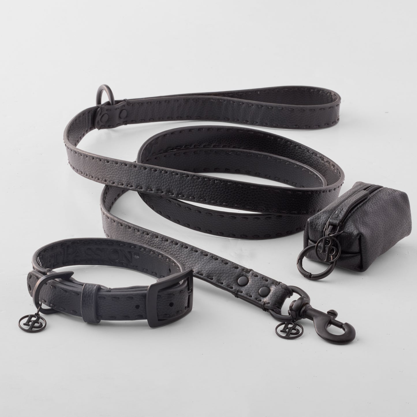 Layout of Rein collection including the Leash, Collar, and Caddy Bag in Black Beauty