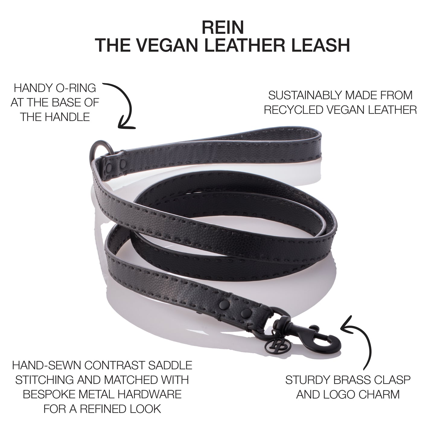 Rein Vegan Leather Leash surrounded by product descriptions 
