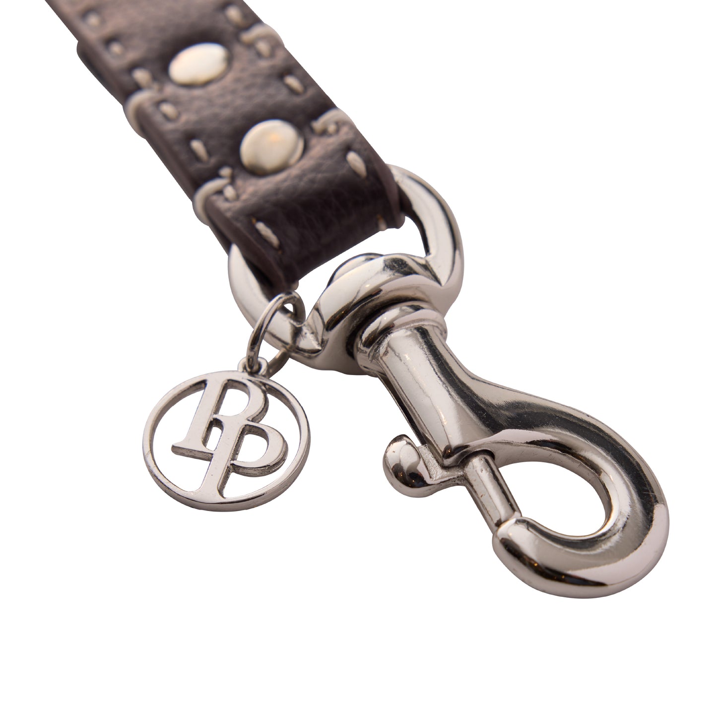 Close up of leash clip hardware and pet passion logo keychain