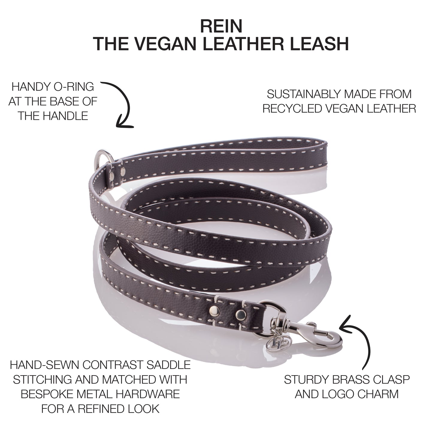 Rein Vegan Leather Leash surrounded by product descriptions 