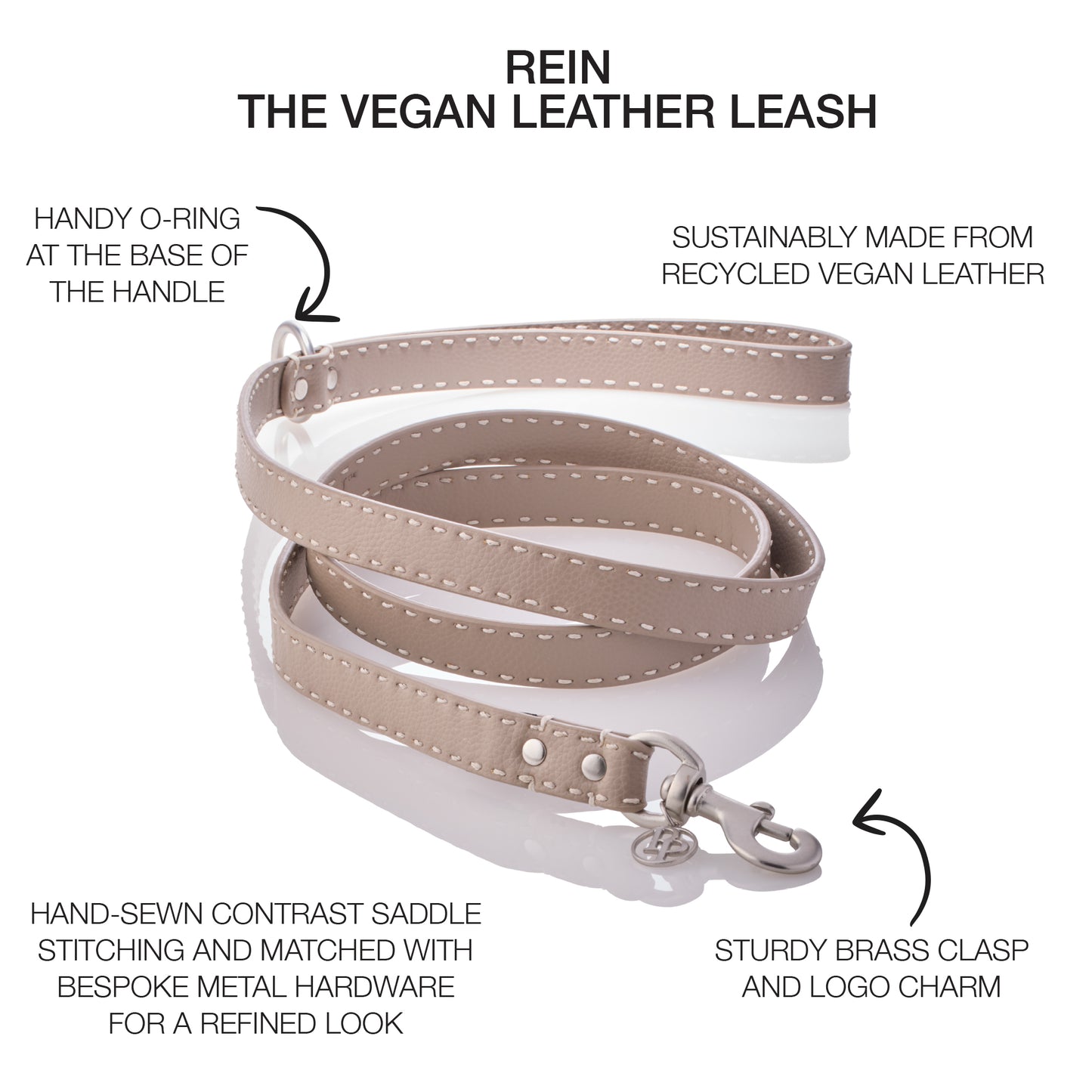 Rein Vegan Leather Leash surrounded by product descriptions 