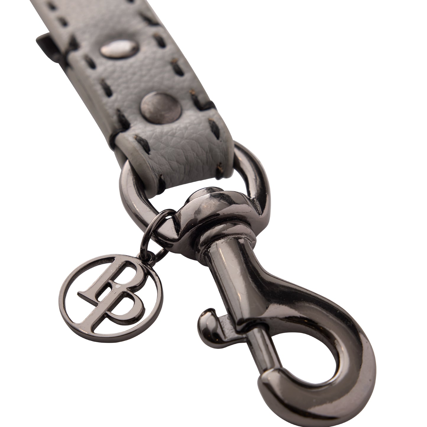 Close up of leash clip hardware and pet passion logo keychain