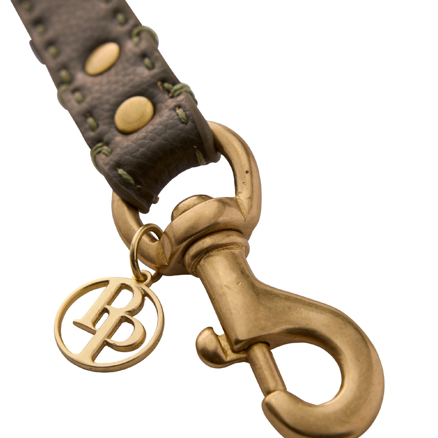 Close up of leash clip hardware and pet passion logo keychain