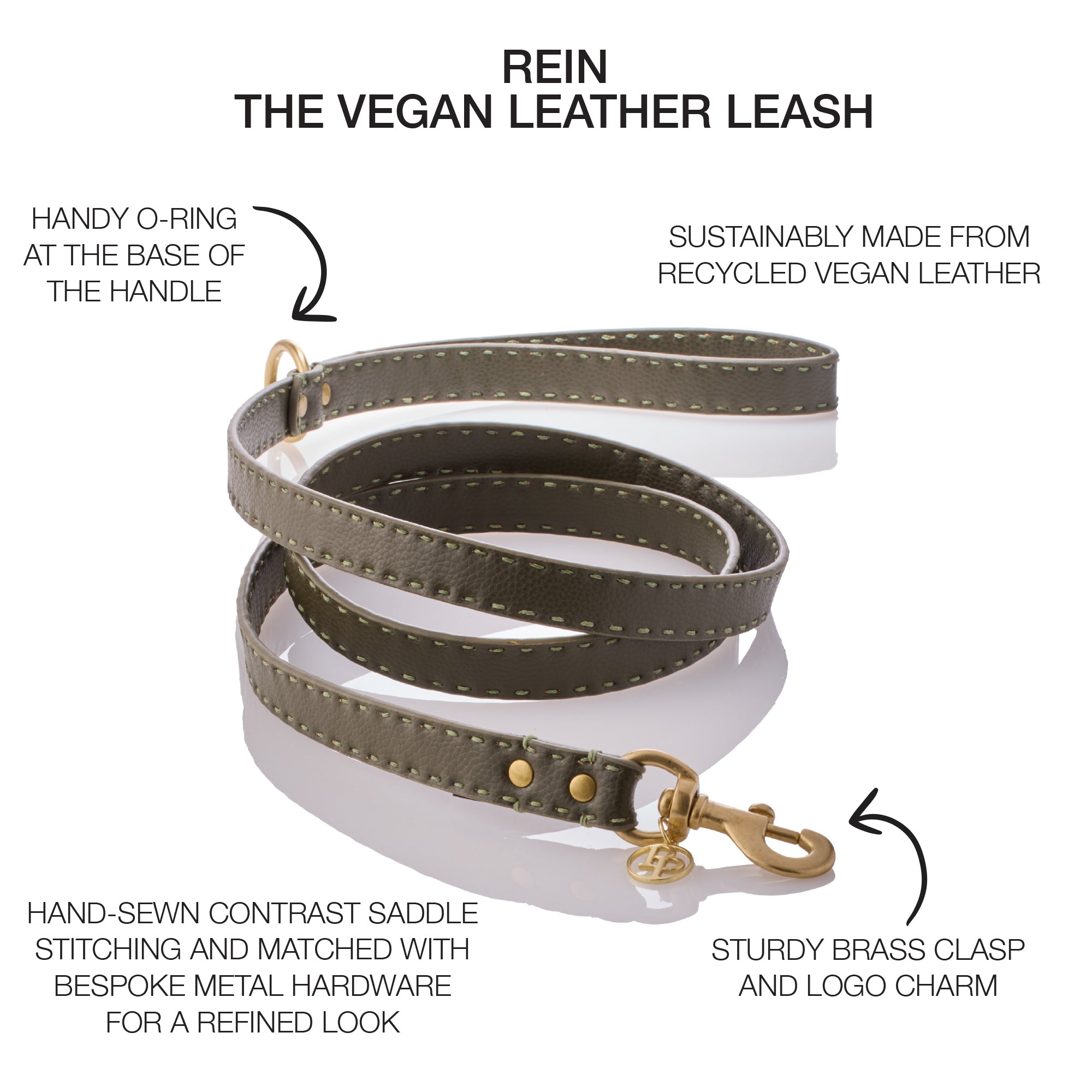 Rein Vegan Leather Leash surrounded by product descriptions 