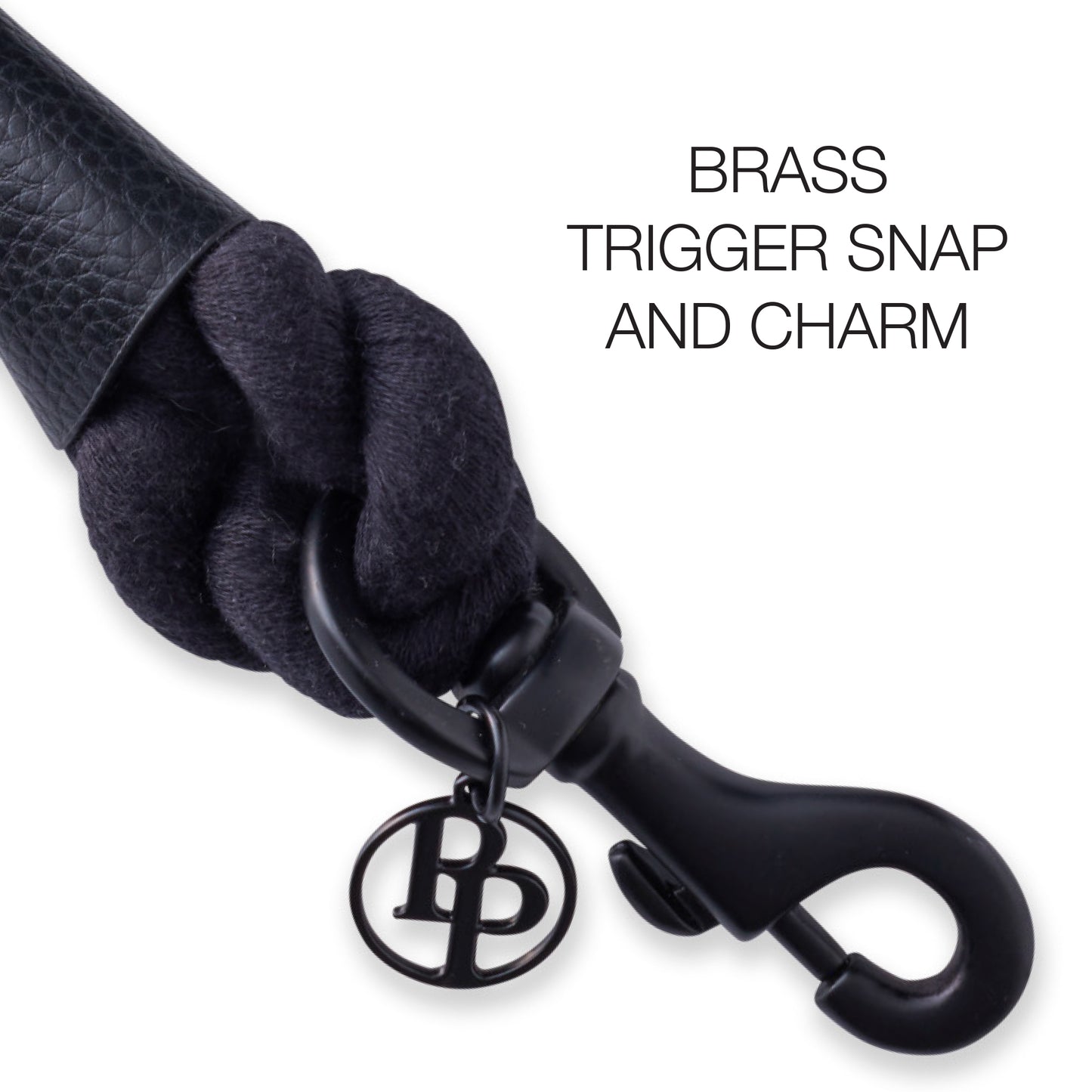 Close-up of the ROWAN leash hardware, including the tripper snap and pet passion charm