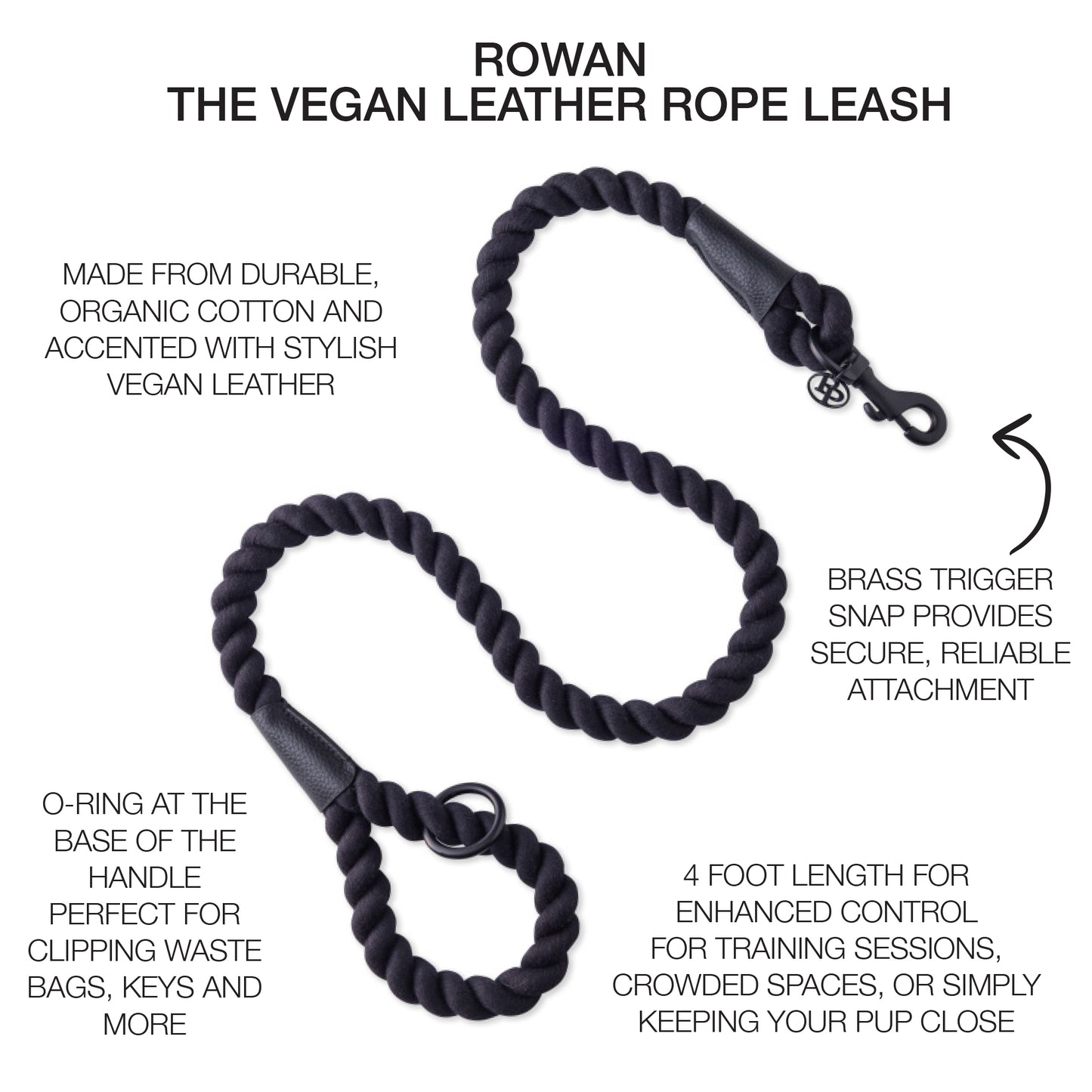 rope leash surrounded by product descriptions with ROWAN title at the top